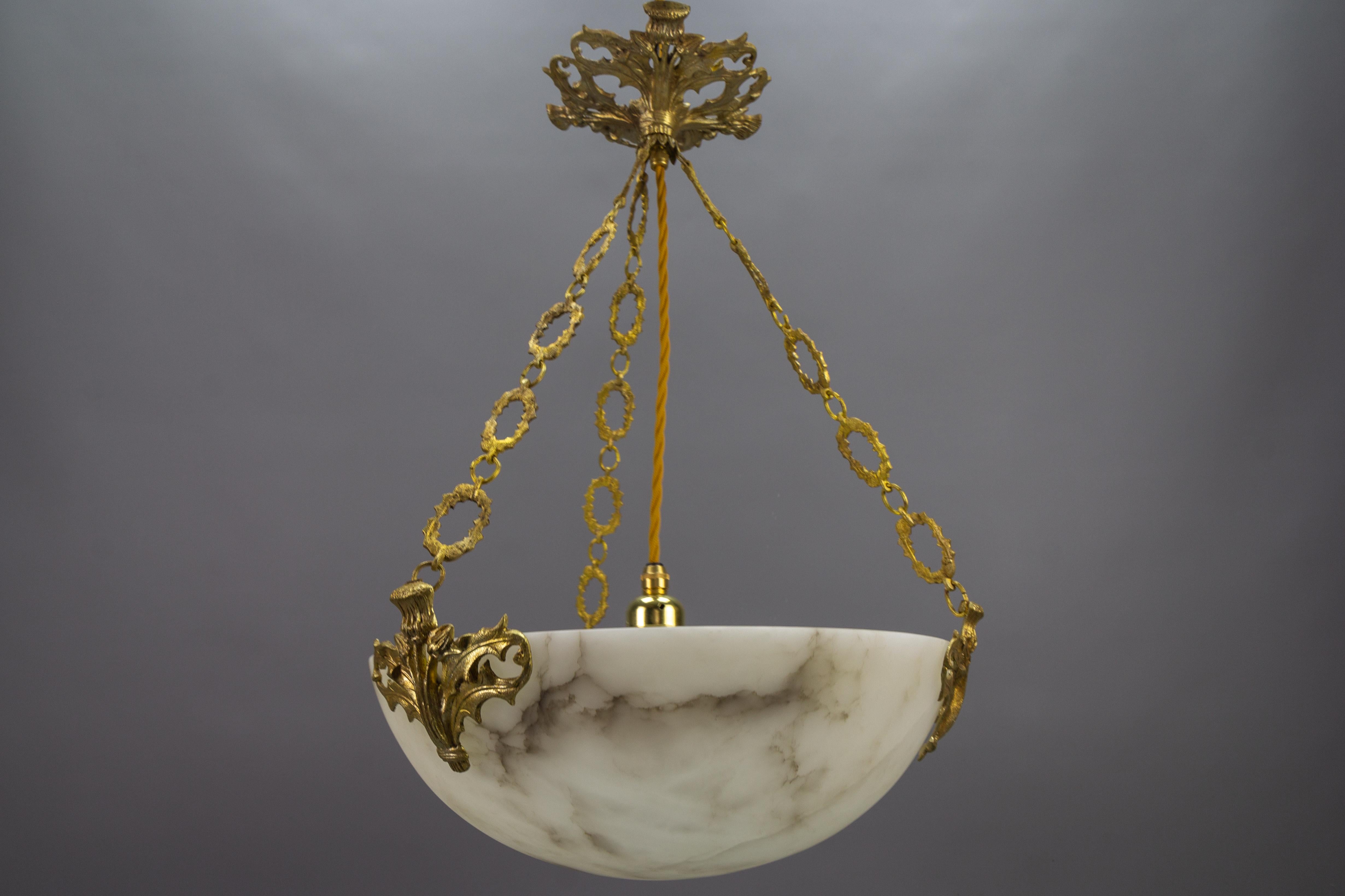 French Art Deco Alabaster and Bronze Thistle Pendant Light Fixture, ca. 1920 For Sale 10