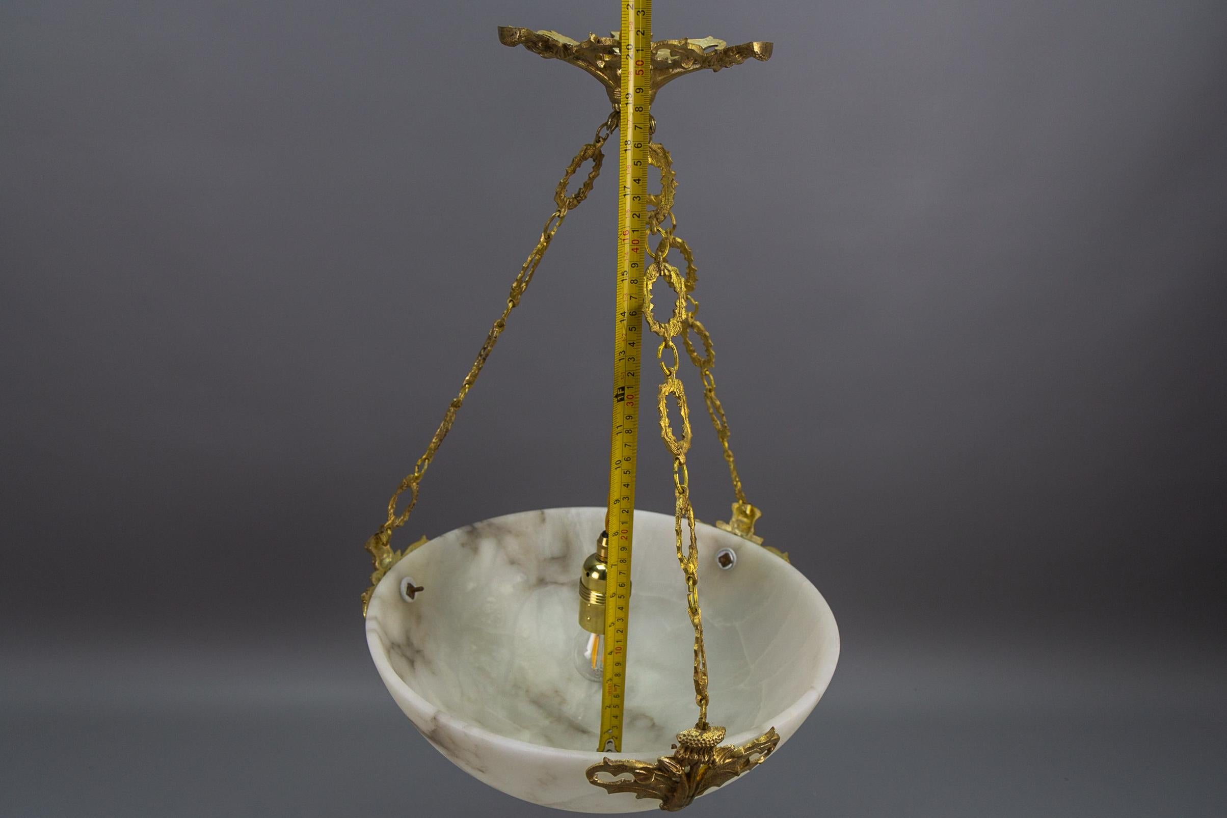 French Art Deco Alabaster and Bronze Thistle Pendant Light Fixture, ca. 1920 For Sale 15