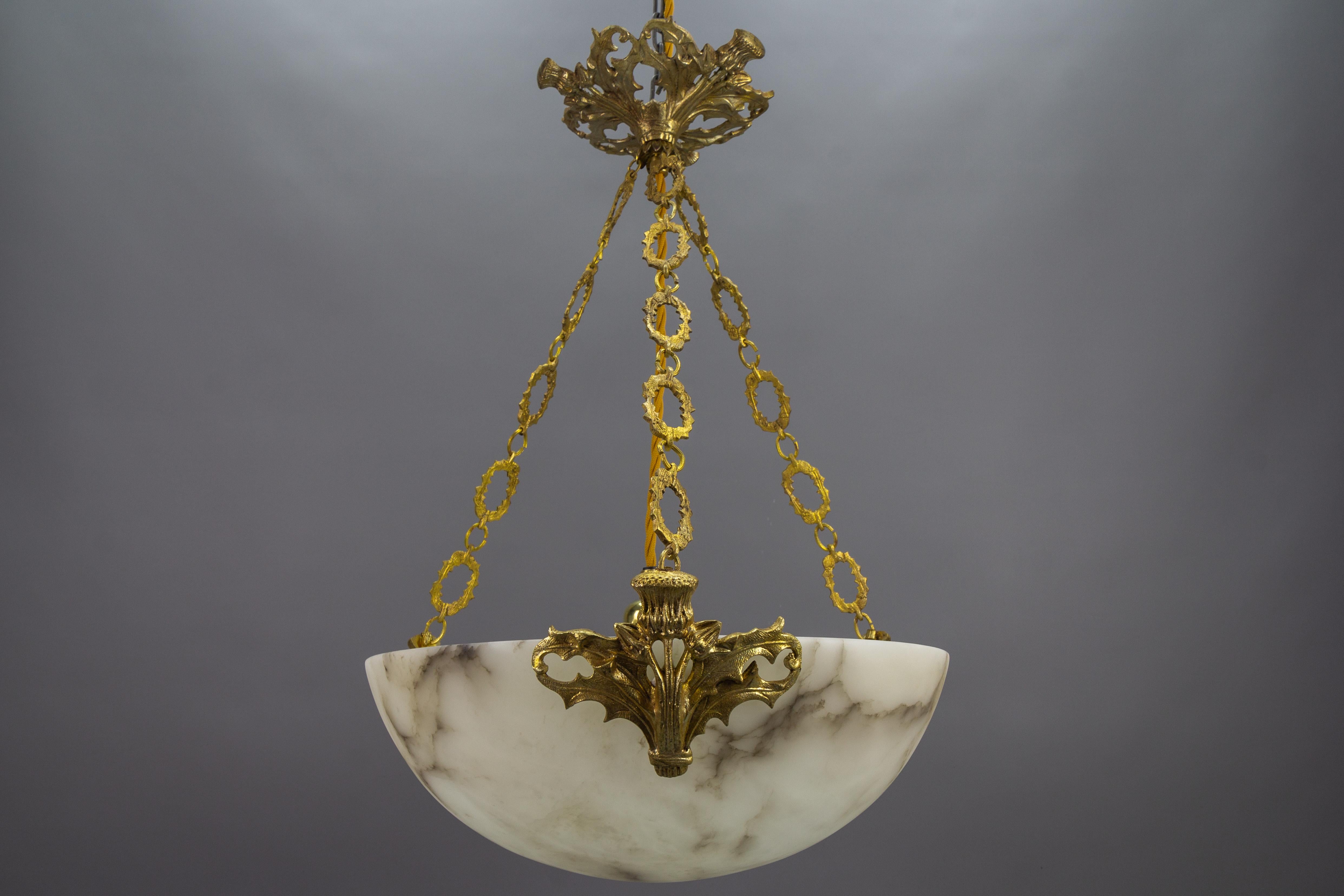 French Art Deco Alabaster and Bronze Thistle Pendant Light Fixture, ca. 1920 For Sale 16