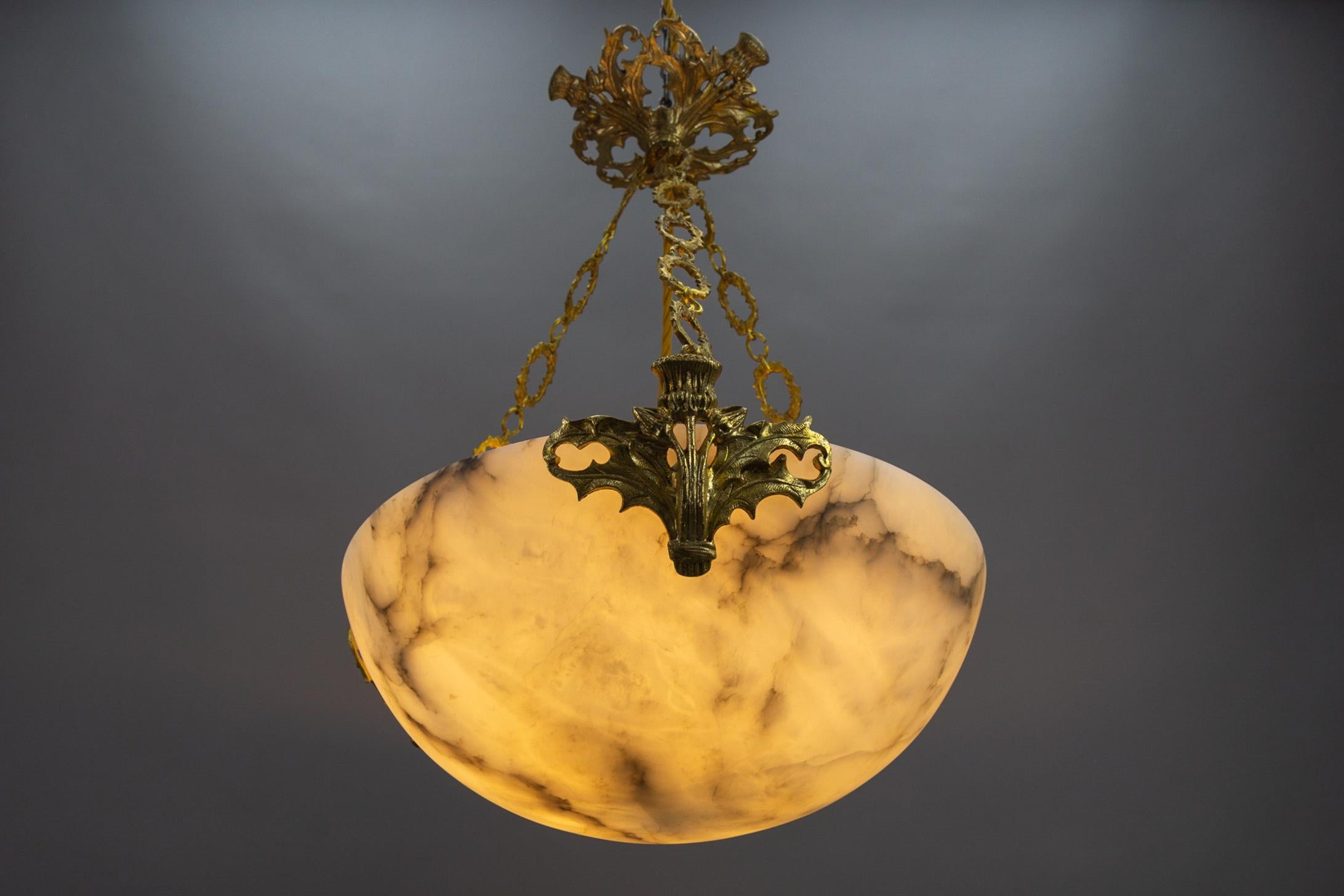 Early 20th Century French Art Deco Alabaster and Bronze Thistle Pendant Light Fixture, ca. 1920 For Sale
