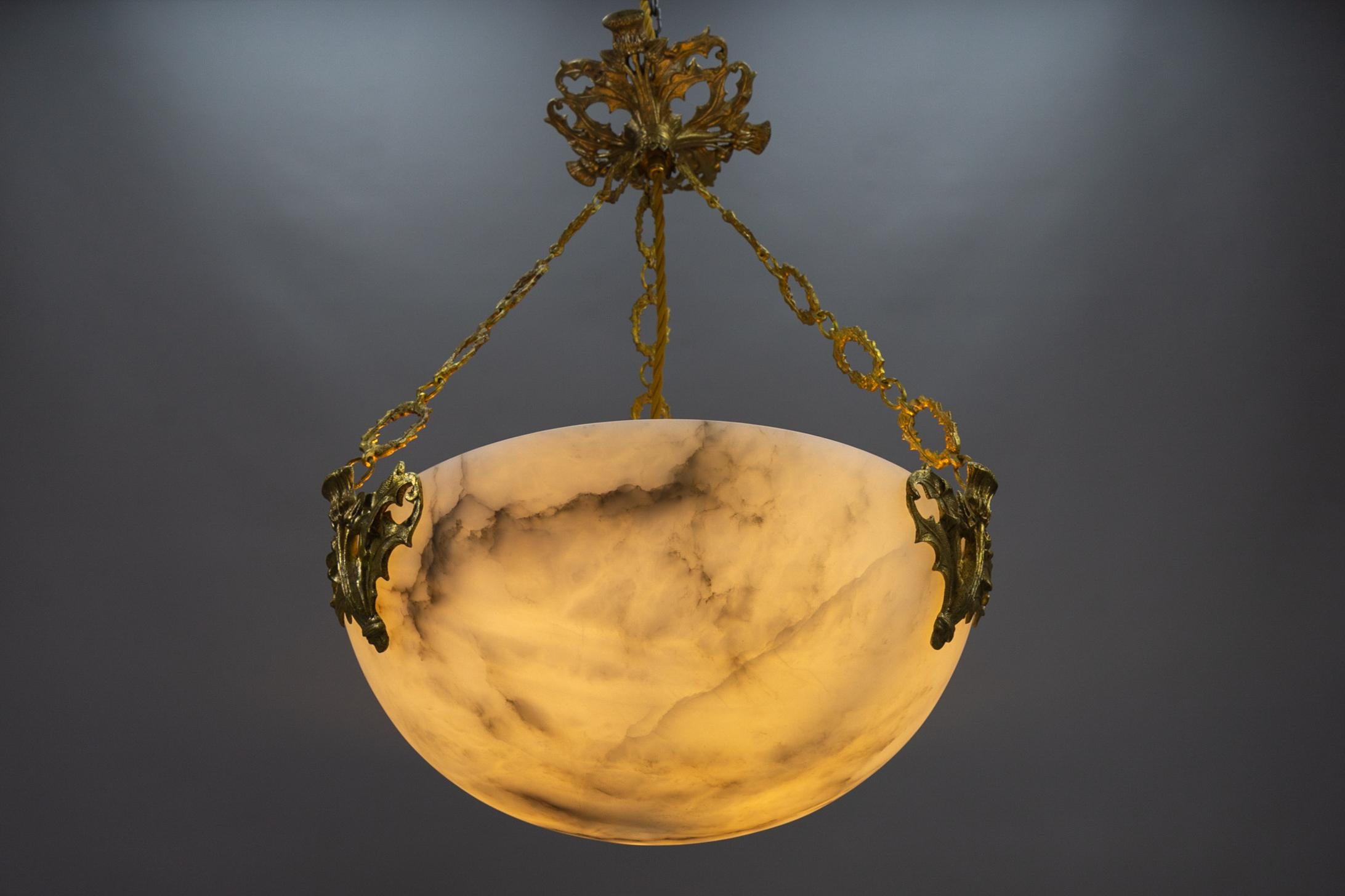 French Art Deco Alabaster and Bronze Thistle Pendant Light Fixture, ca. 1920 For Sale 2