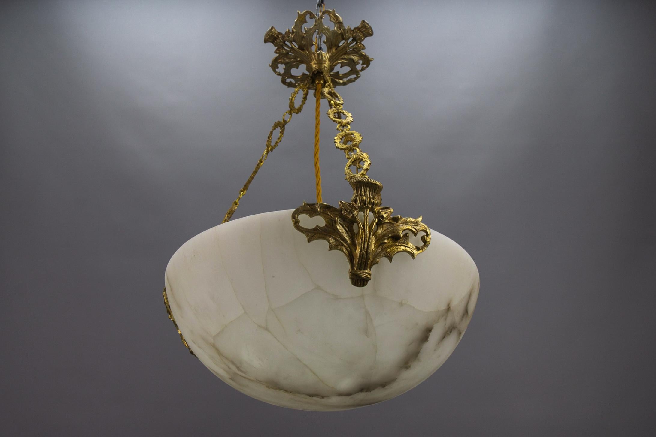 French Art Deco Alabaster and Bronze Thistle Pendant Light Fixture, ca. 1920 For Sale 3
