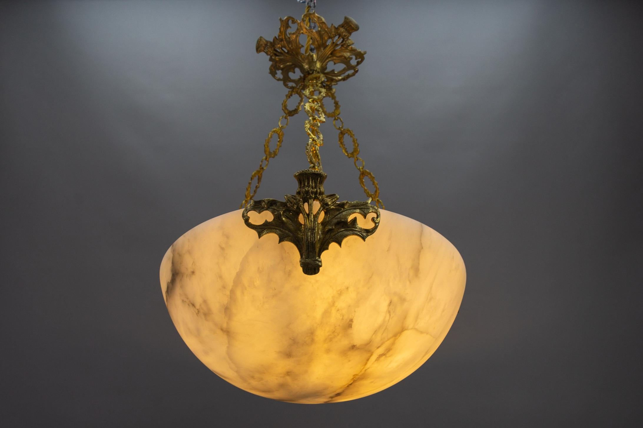French Art Deco Alabaster and Bronze Thistle Pendant Light Fixture, ca. 1920 For Sale 4