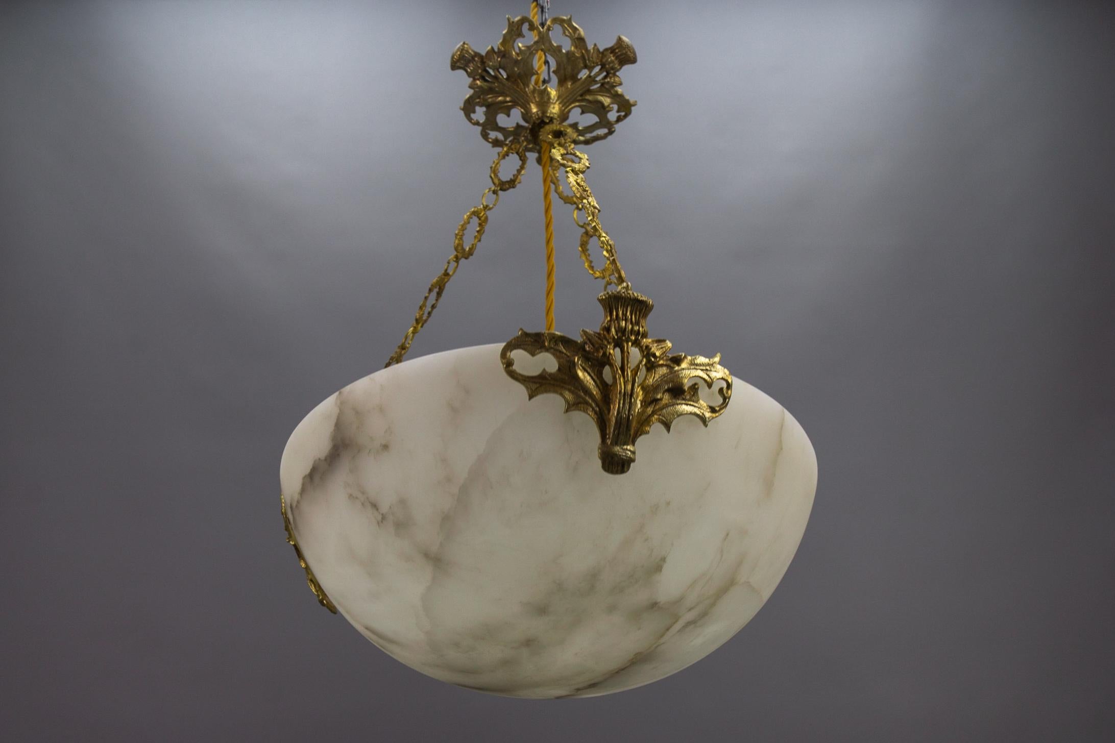 French Art Deco Alabaster and Bronze Thistle Pendant Light Fixture, ca. 1920 For Sale 5