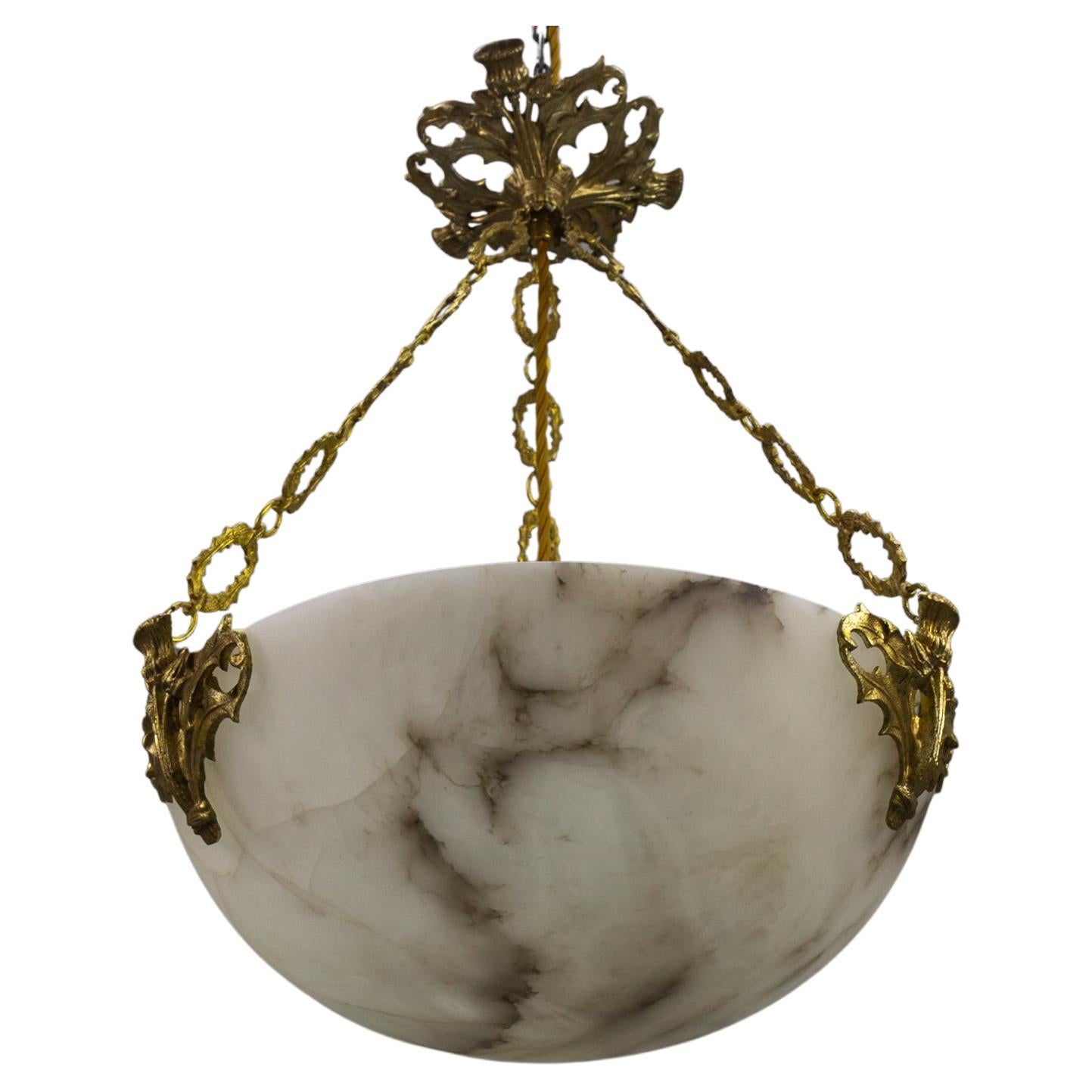 French Art Deco Alabaster and Bronze Thistle Pendant Light Fixture, ca. 1920 For Sale