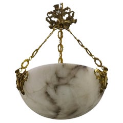 French Art Deco Alabaster and Bronze Thistle Pendant Light Fixture, ca. 1920