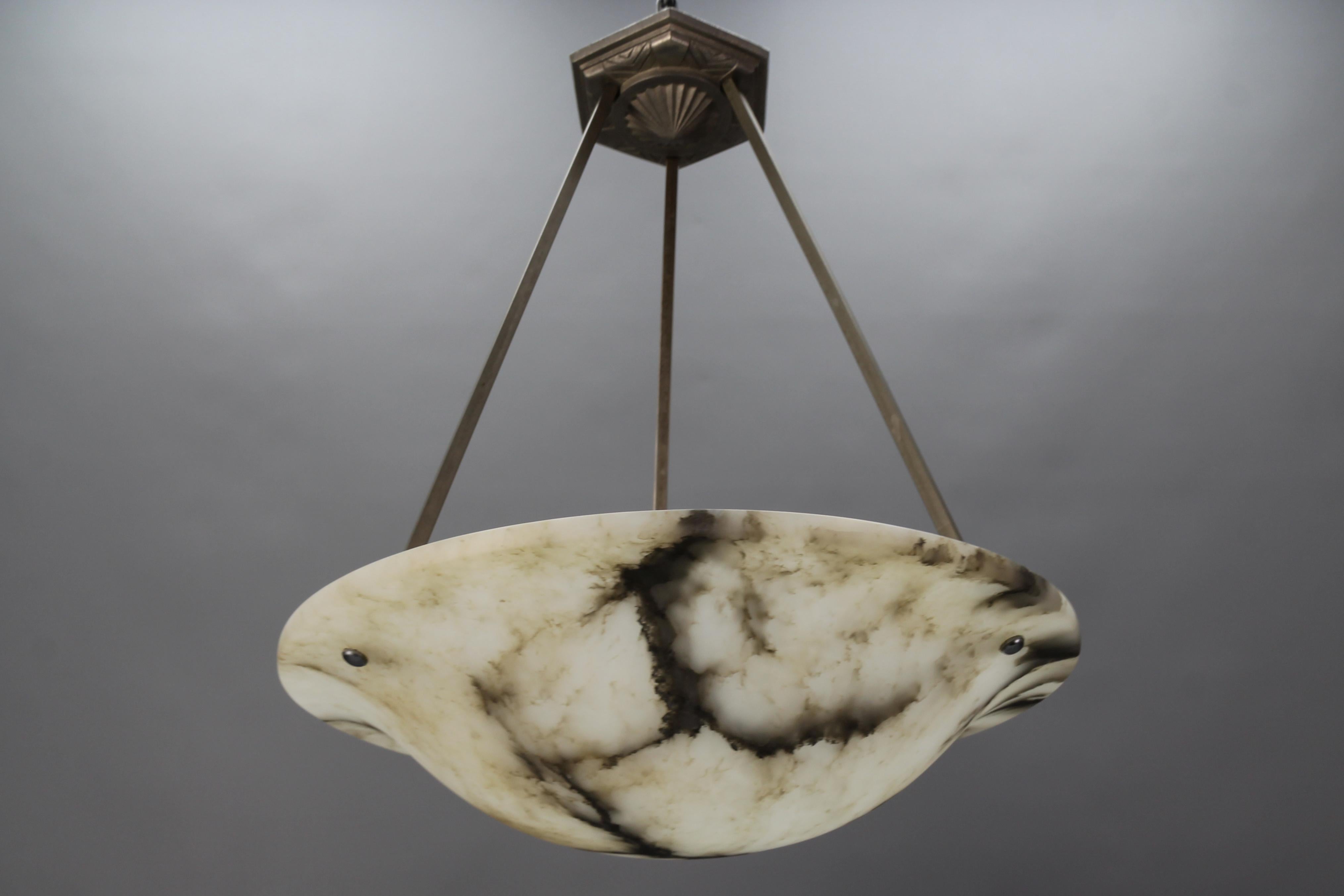 French Art Deco Alabaster and Chromed Brass Pendant Light Fixture, 1930s 5