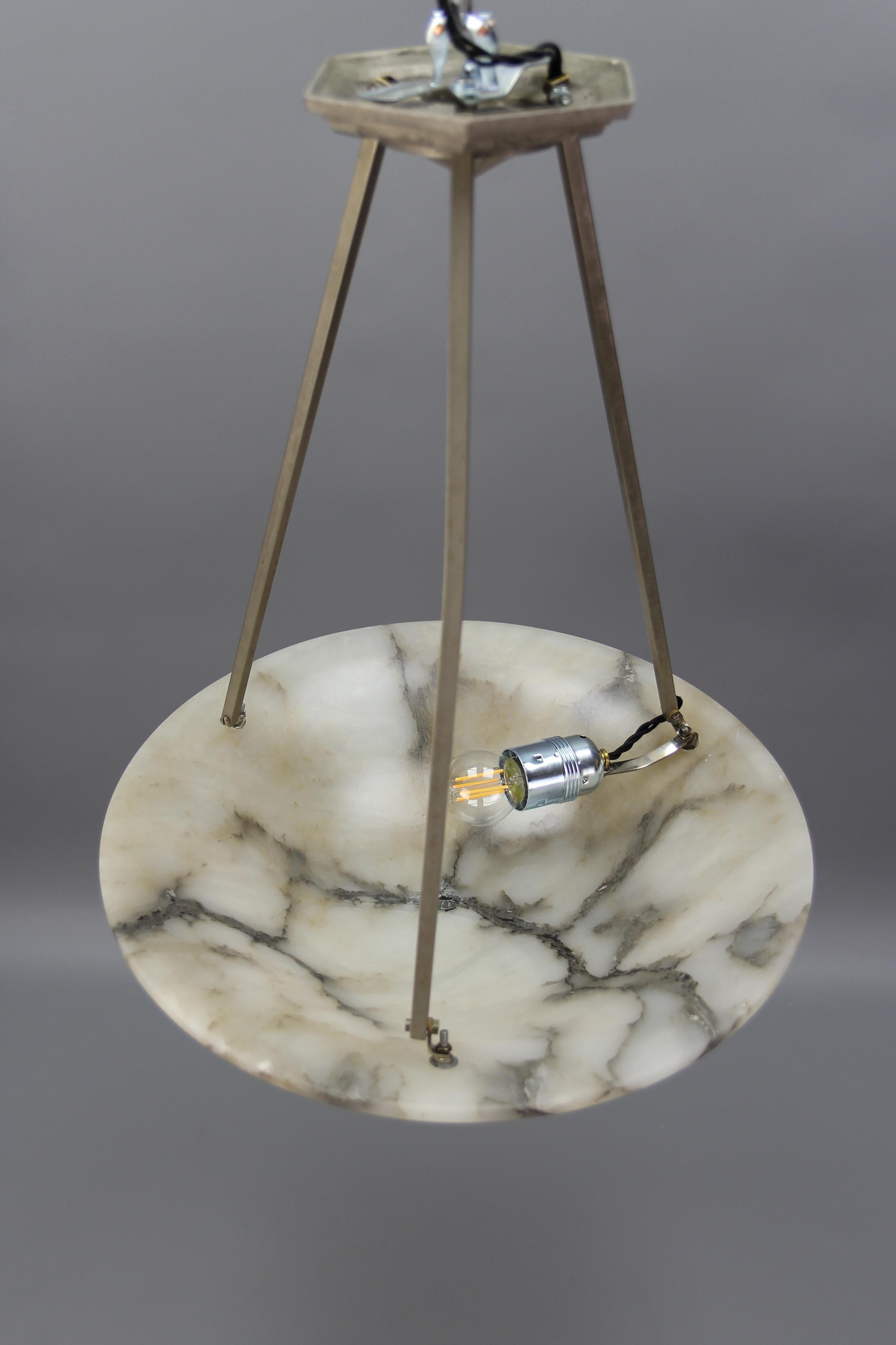 French Art Deco Alabaster and Chromed Brass Pendant Light Fixture, 1930s 8