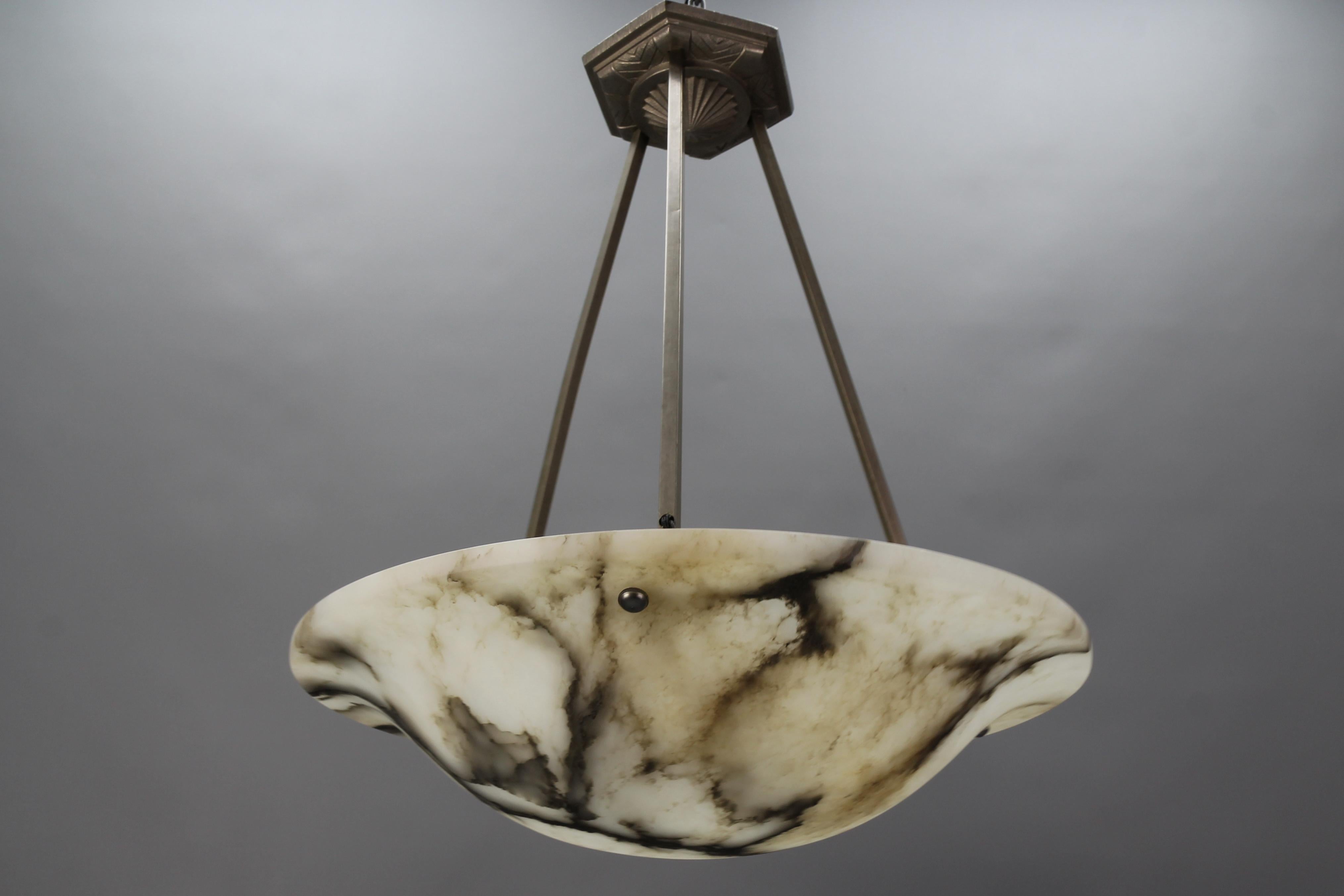 French Art Deco Alabaster and Chromed Brass Pendant Light Fixture, 1930s 14