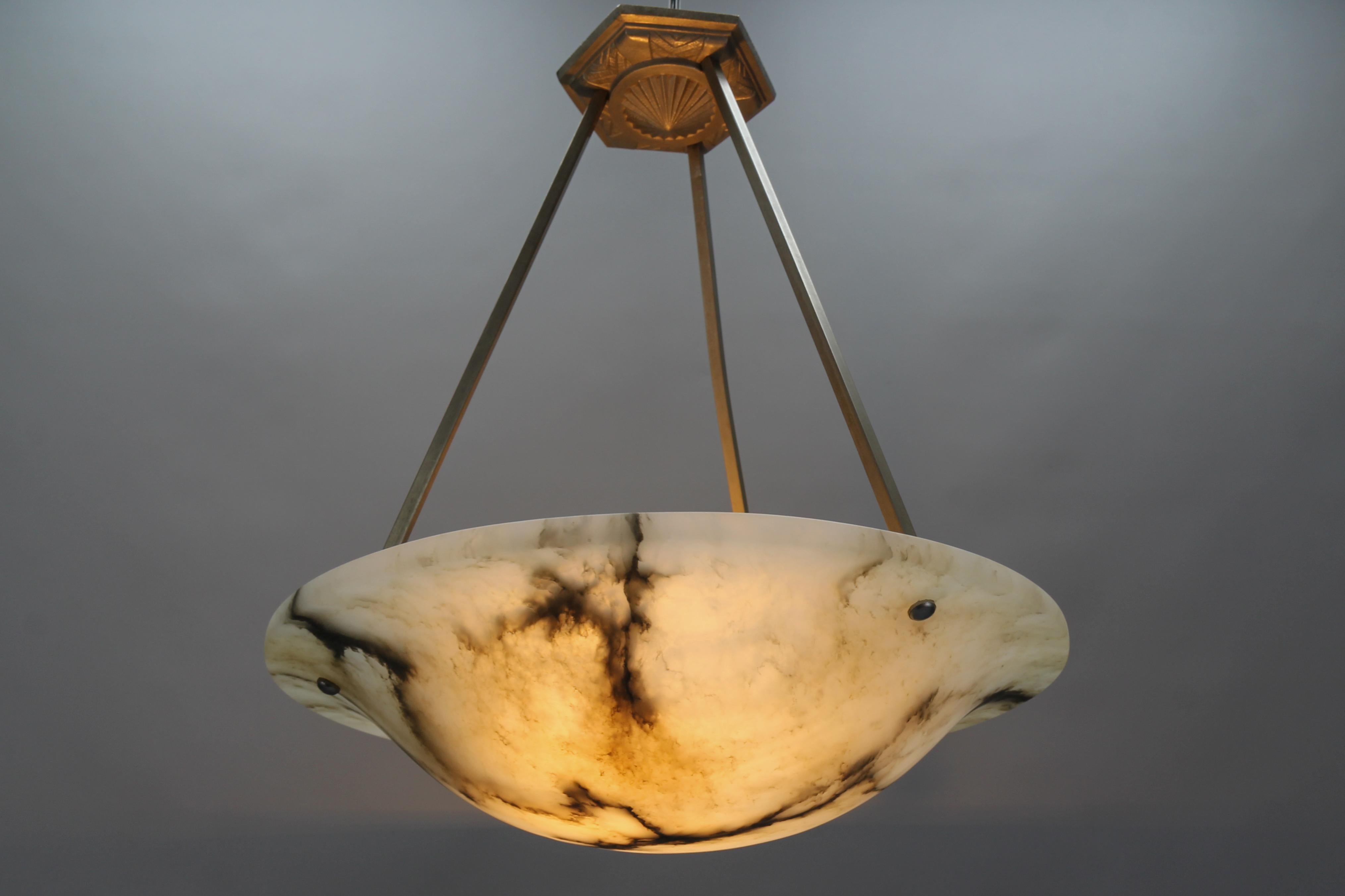 French Art Deco Alabaster and Chromed Brass Pendant Light Fixture, 1930s 15