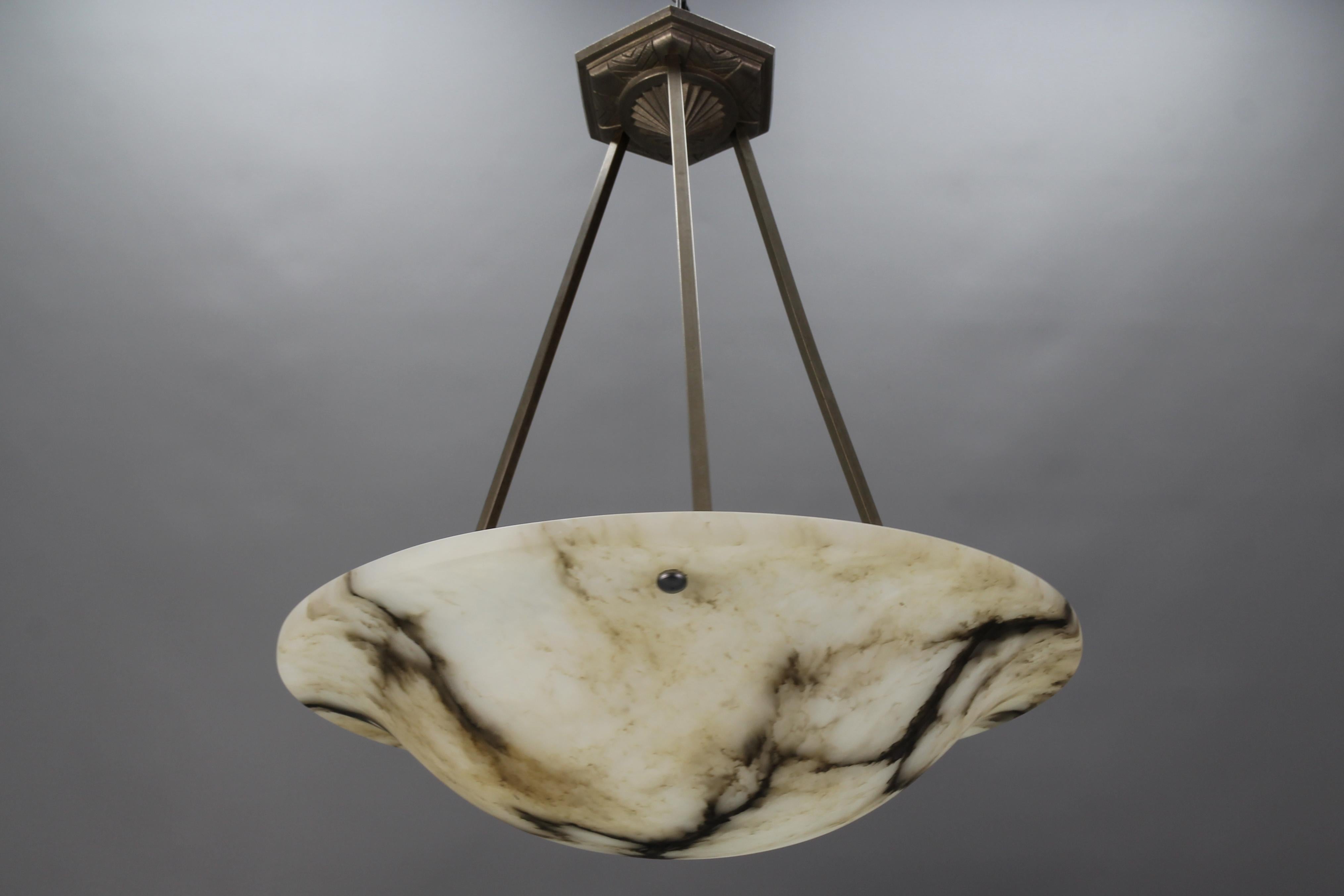 French Art Deco Alabaster and Chromed Brass Pendant Light Fixture, 1930s In Good Condition In Barntrup, DE