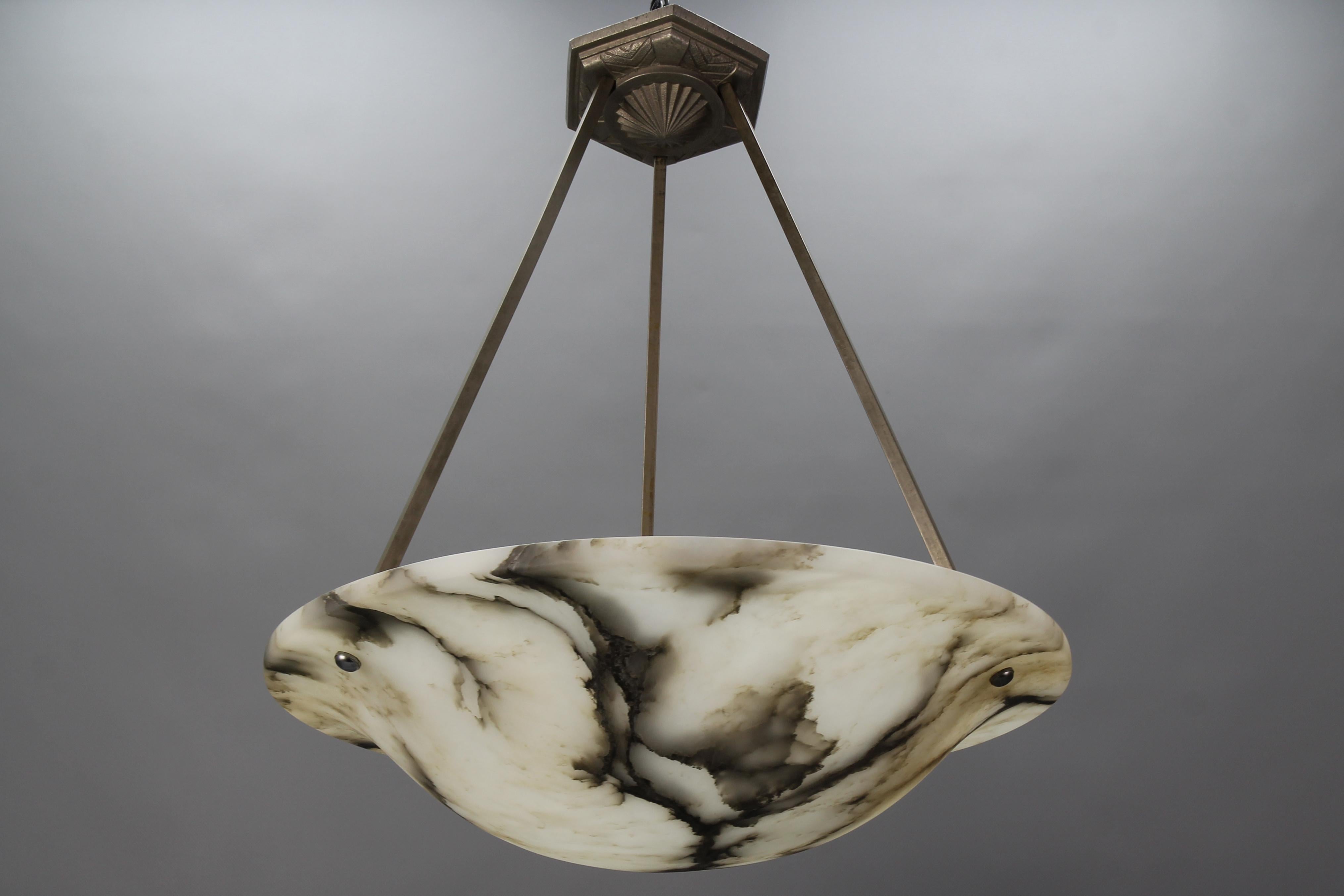 Mid-20th Century French Art Deco Alabaster and Chromed Brass Pendant Light Fixture, 1930s