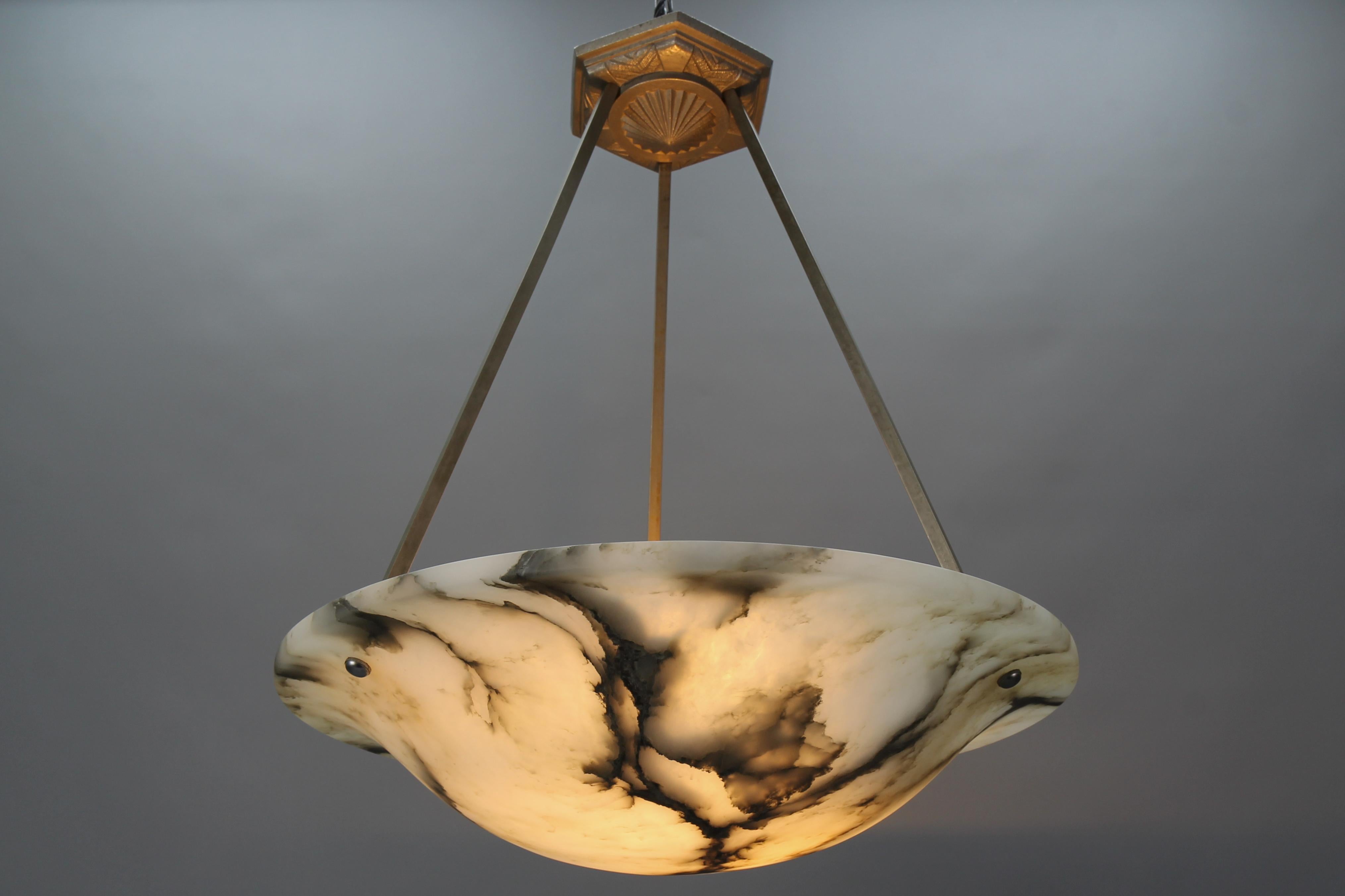 Metal French Art Deco Alabaster and Chromed Brass Pendant Light Fixture, 1930s
