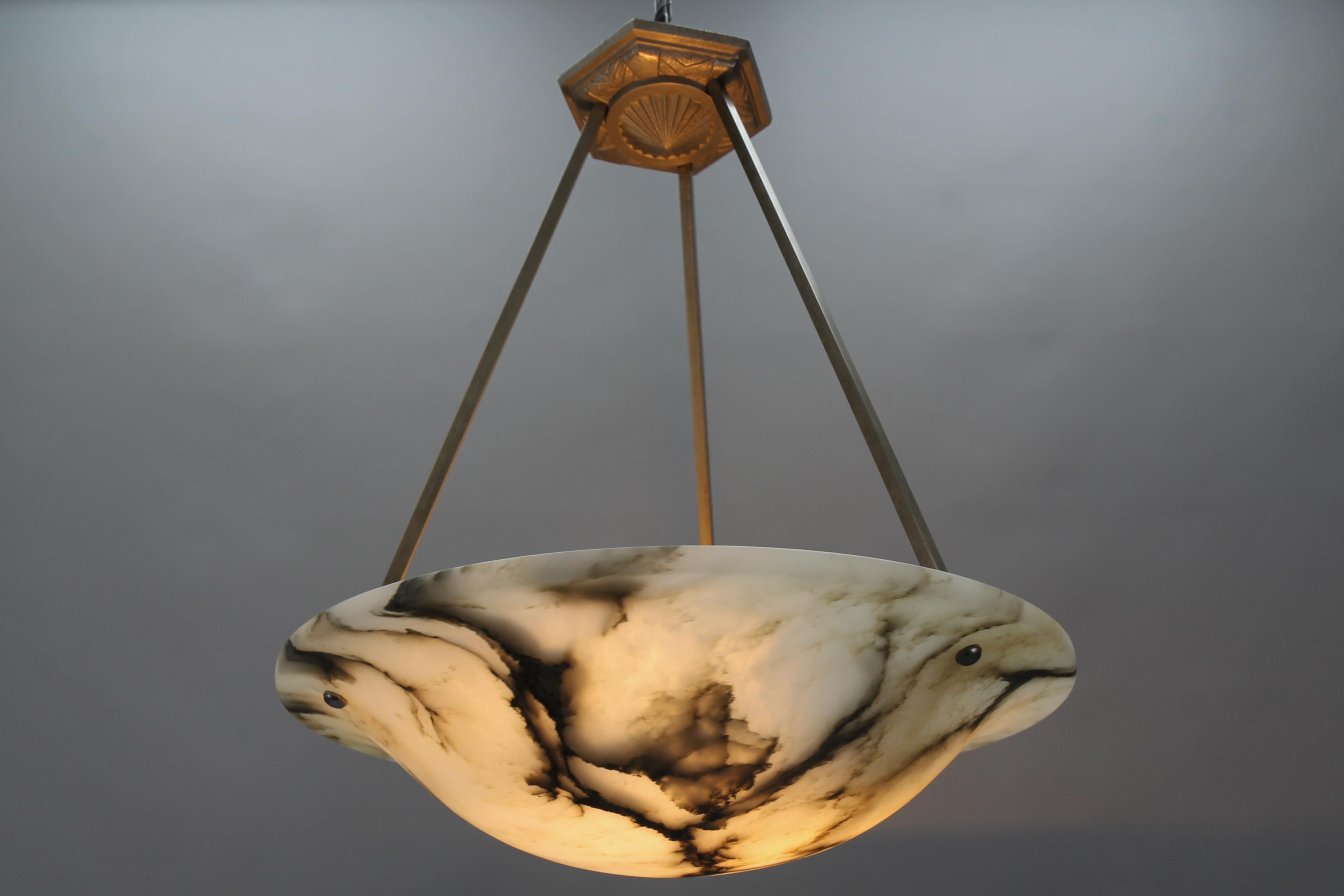 French Art Deco Alabaster and Chromed Brass Pendant Light Fixture, 1930s 3
