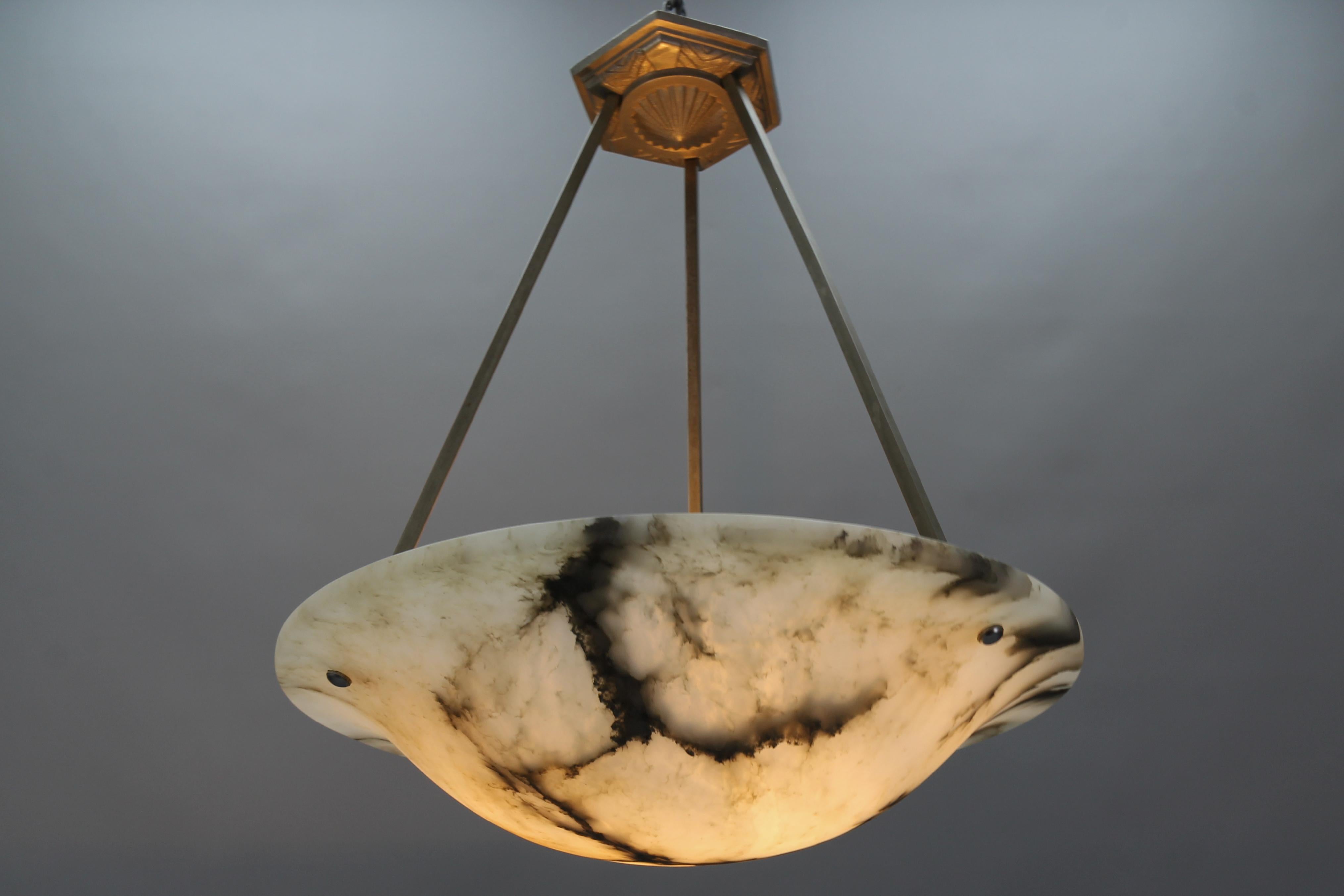 French Art Deco Alabaster and Chromed Brass Pendant Light Fixture, 1930s 4