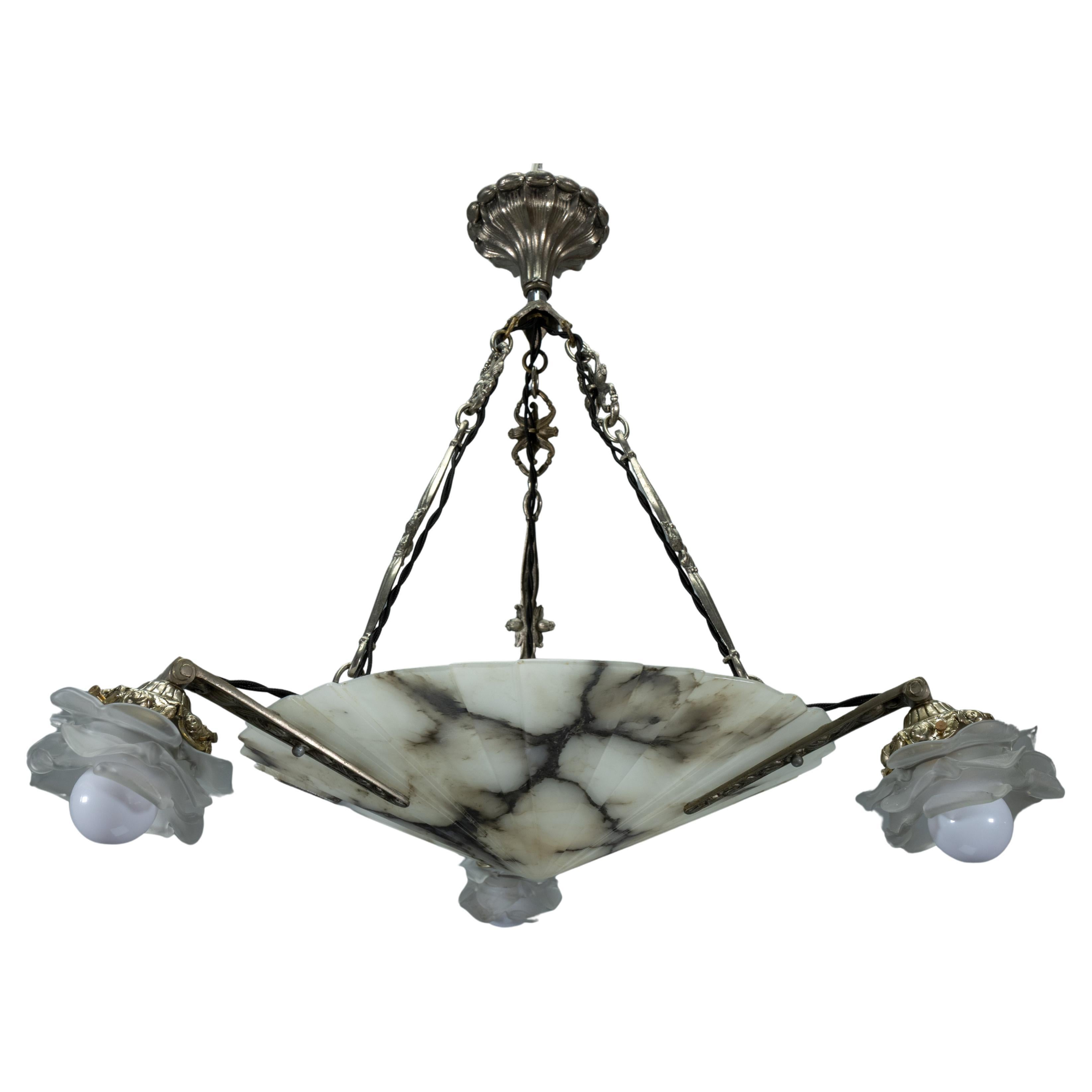 French Art Deco Alabaster and Frosted Glass Four-Light Chandelier, ca. 1920s For Sale