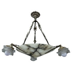 French Art Deco Alabaster and Frosted Glass Four-Light Chandelier, ca. 1920s