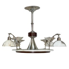 French Art Deco Alabaster and Wood Chandelier