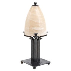 French Art Deco Alabaster and Wrought-Iron Table Lamp, 1920s