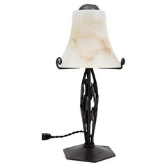 French Art Deco Alabaster and Wrought-Iron Table Lamp, 1920
