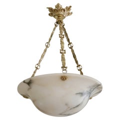 French Art Deco Alabaster & Bronze Pendant Chandelier, 1920s