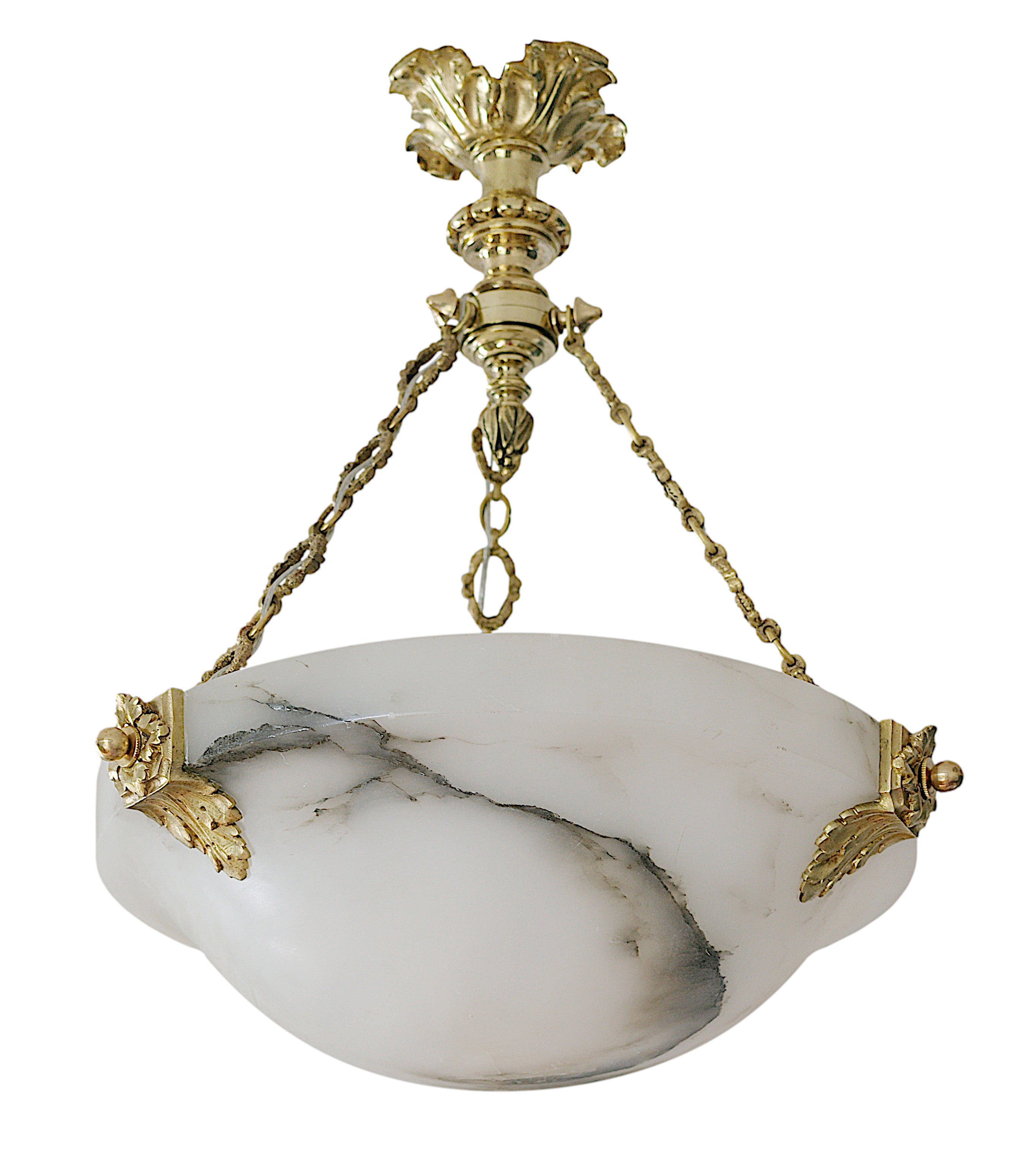French Art Deco Alabaster and Bronze Pendant Chandelier, 1920s For Sale