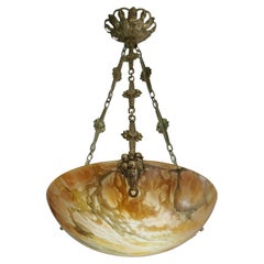 French Art Deco Alabaster & Bronze Pendant Chandelier, 1920s