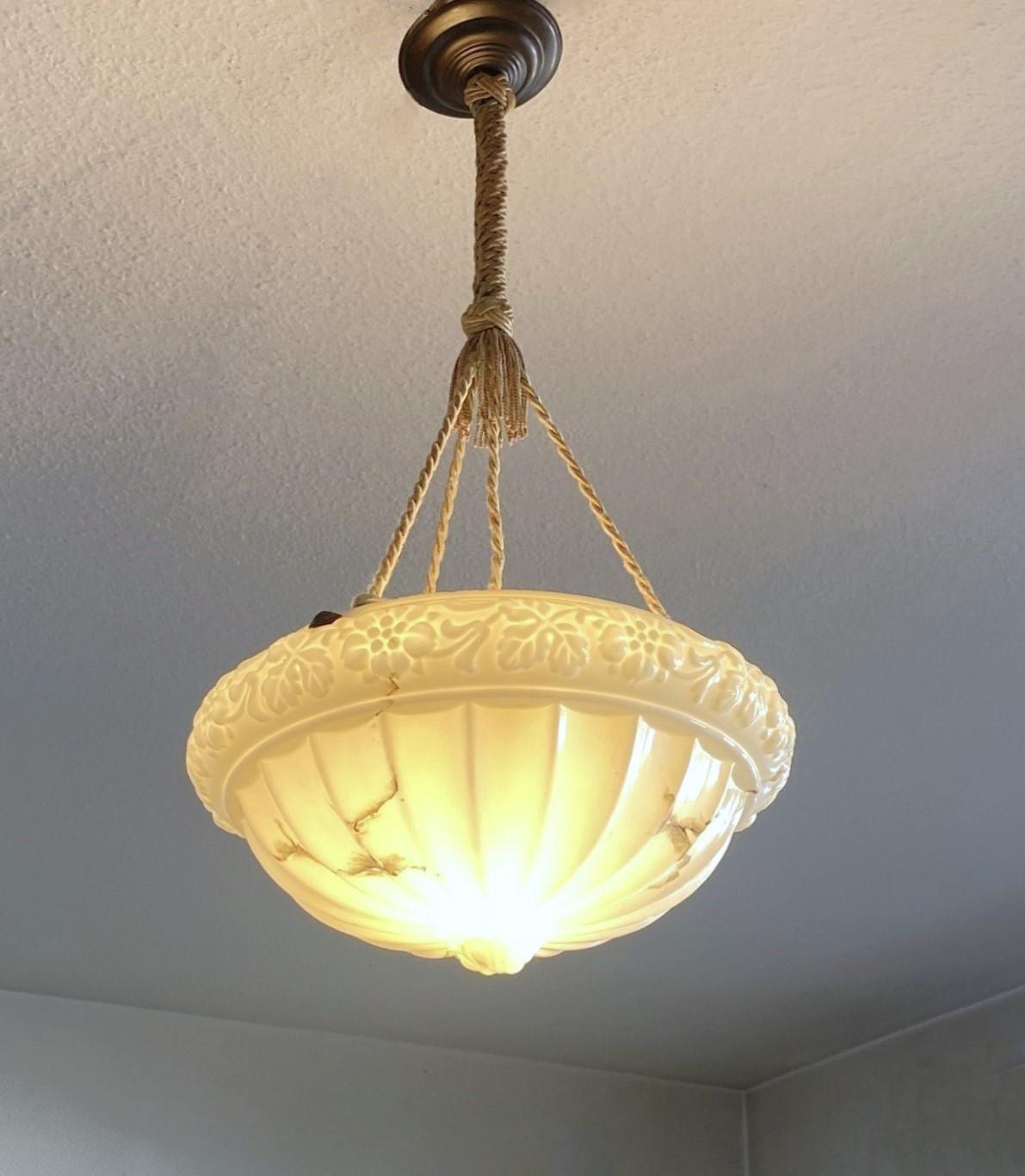 French Art Deco Alabaster Looking Art Glass Pendant Lantern, 1920-1930 For Sale 5