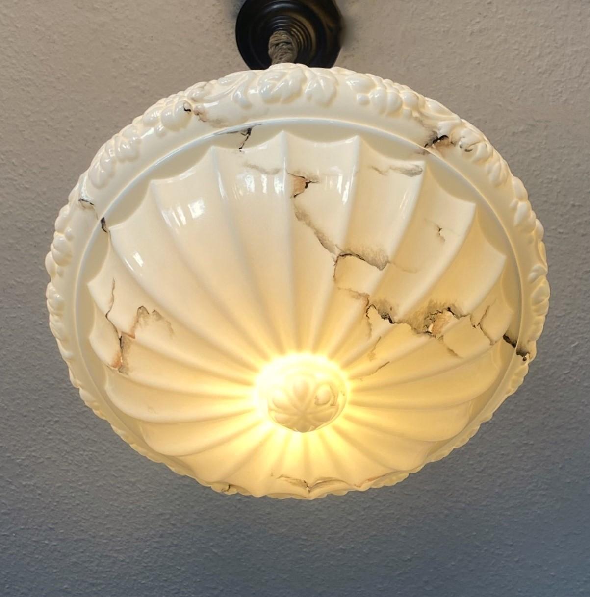French Art Deco Alabaster Looking Art Glass Pendant Lantern, 1920-1930 For Sale 8
