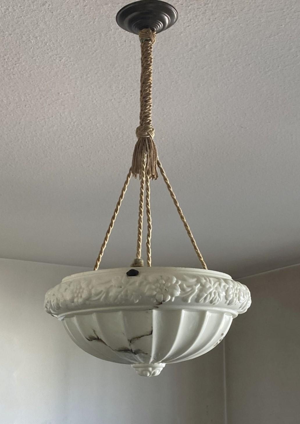 Patinated French Art Deco Alabaster Looking Art Glass Pendant Lantern, 1920-1930 For Sale