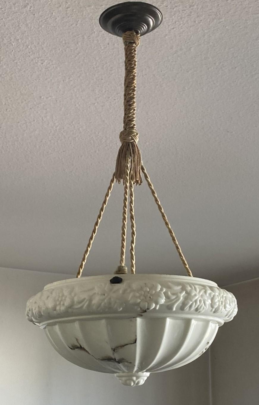 French Art Deco Alabaster Looking Art Glass Pendant Lantern, 1920-1930 In Good Condition For Sale In Frankfurt am Main, DE