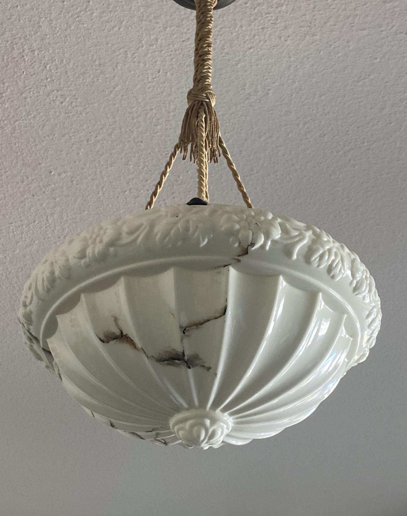 20th Century French Art Deco Alabaster Looking Art Glass Pendant Lantern, 1920-1930 For Sale