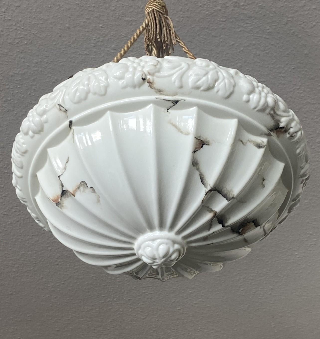 Brass French Art Deco Alabaster Looking Art Glass Pendant Lantern, 1920-1930 For Sale