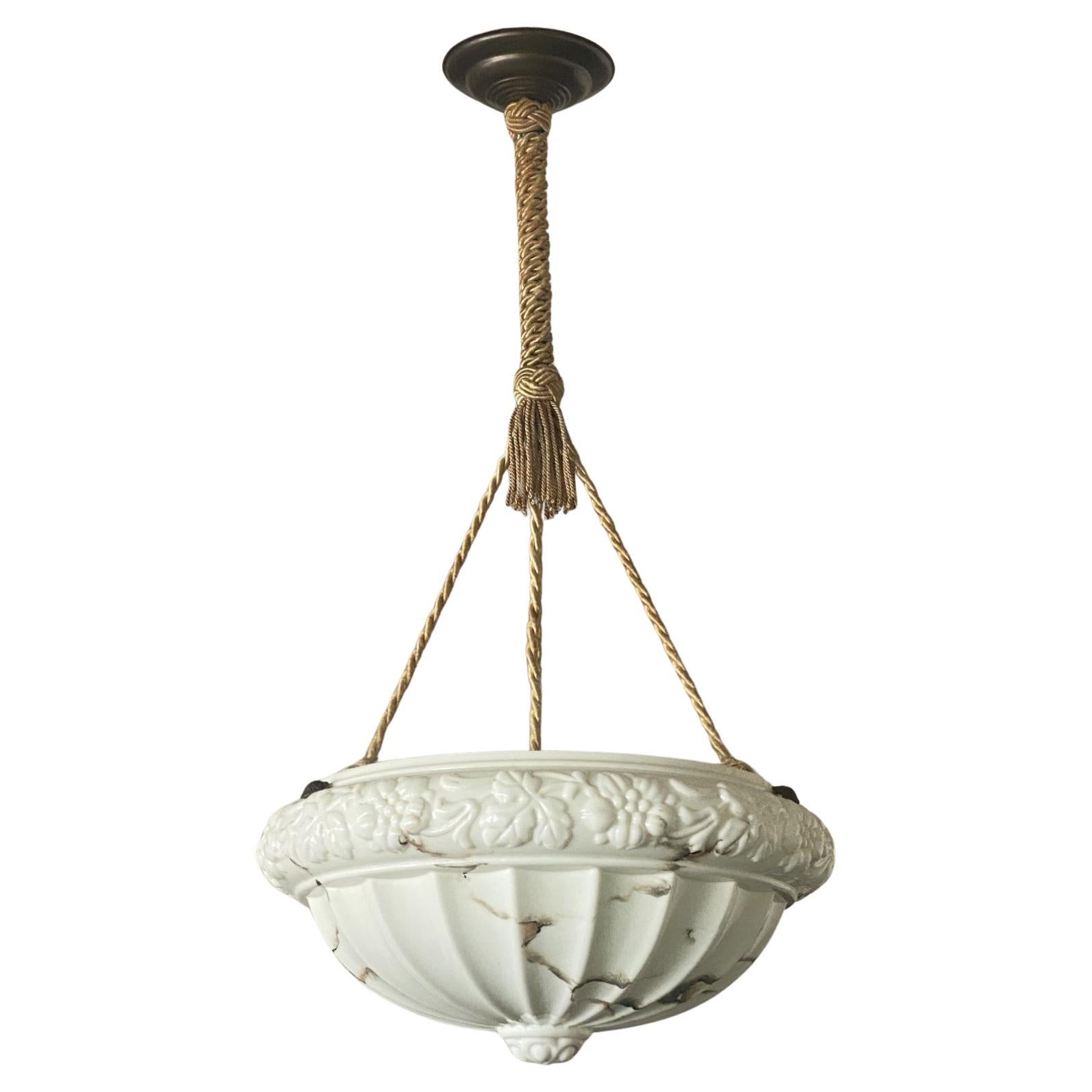 French Art Deco Alabaster Looking Art Glass Pendant Lantern, 1920-1930