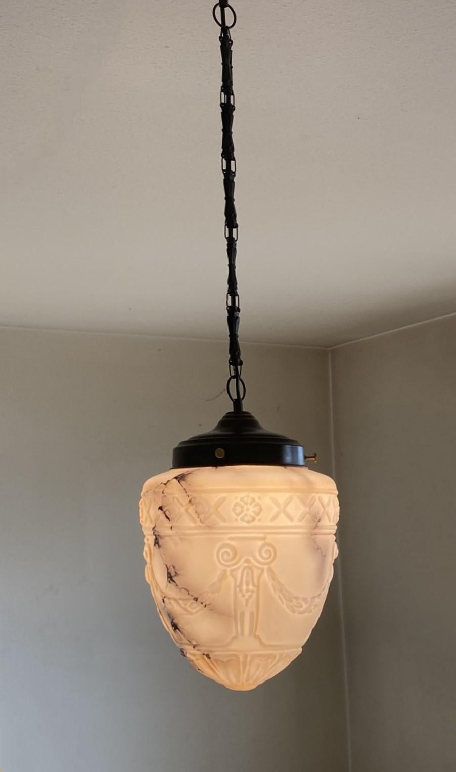 French Art Deco Alabaster Looking High-Releaf Glass Pendant Lantern, 1920-1930 For Sale 6