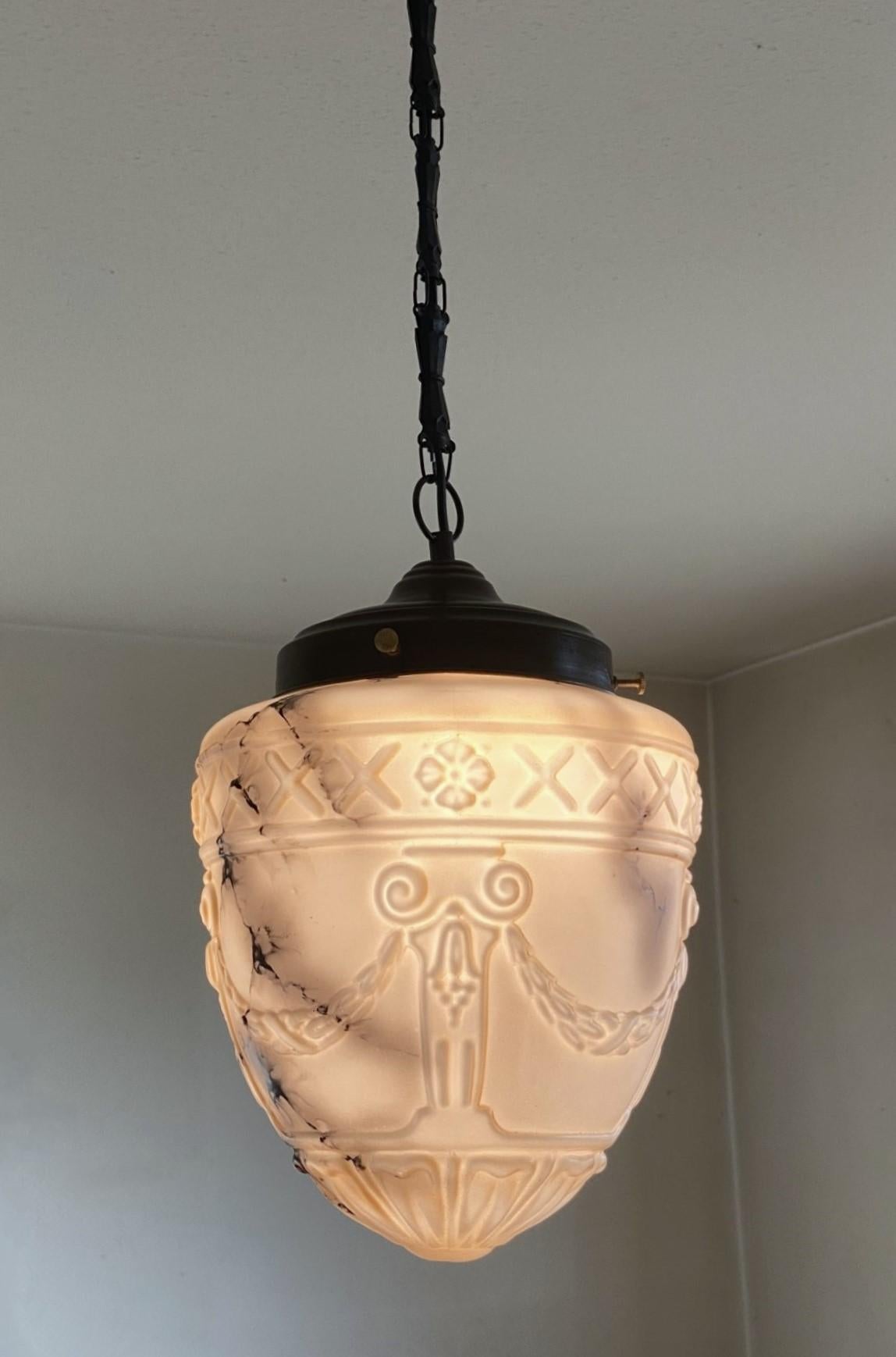 French Art Deco Alabaster Looking High-Releaf Glass Pendant Lantern, 1920-1930 For Sale 7