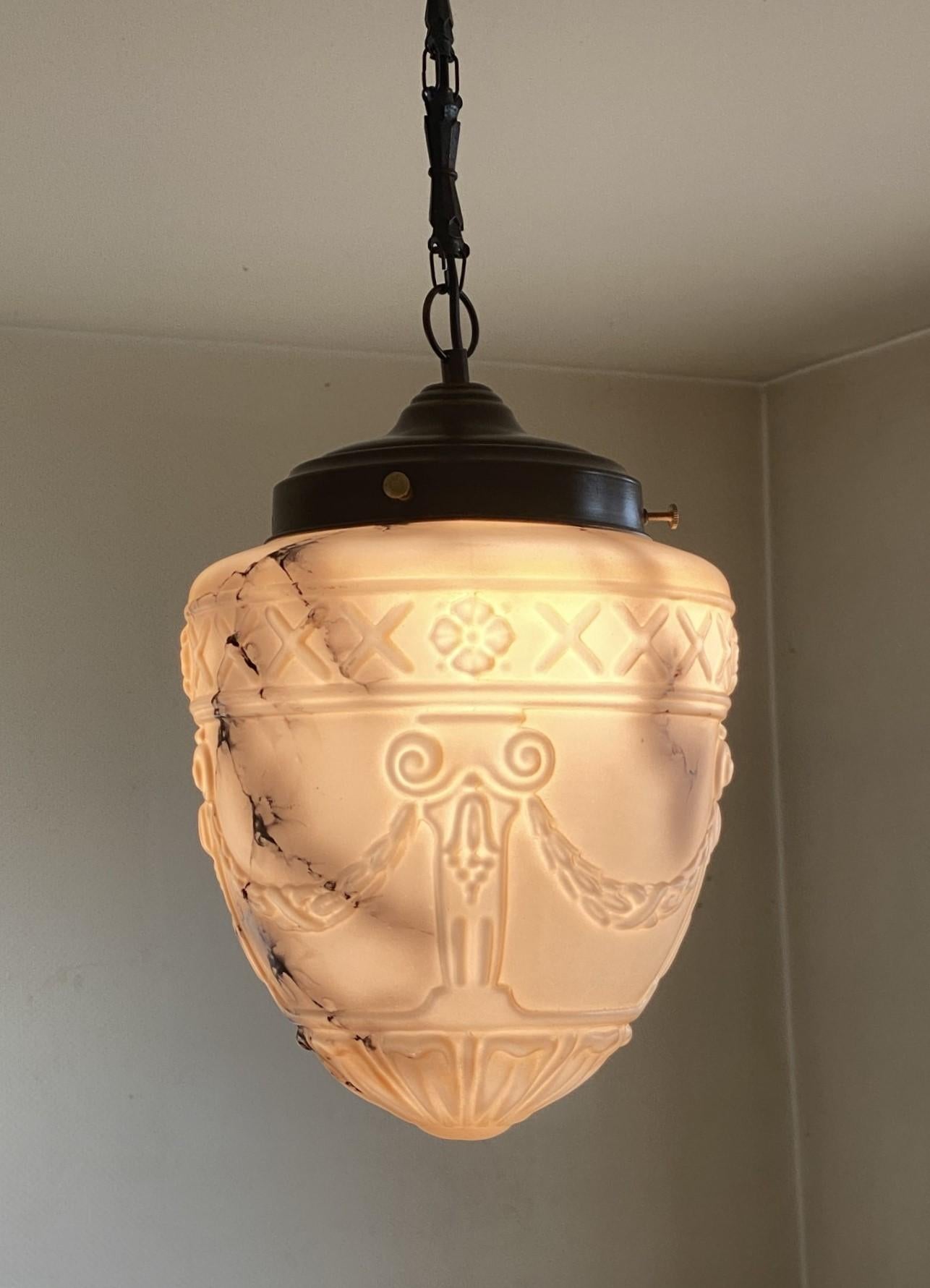 French Art Deco Alabaster Looking High-Releaf Glass Pendant Lantern, 1920-1930 For Sale 8