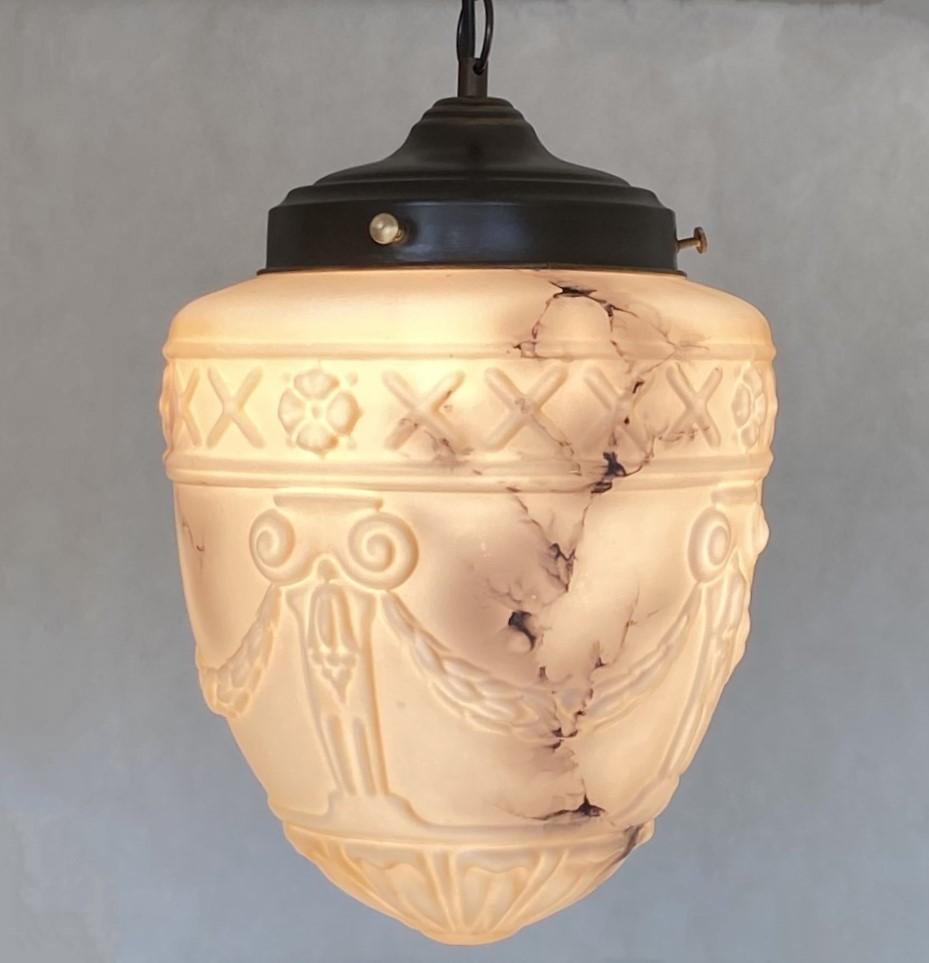 French Art Deco Alabaster Looking High-Releaf Glass Pendant Lantern, 1920-1930 For Sale 9