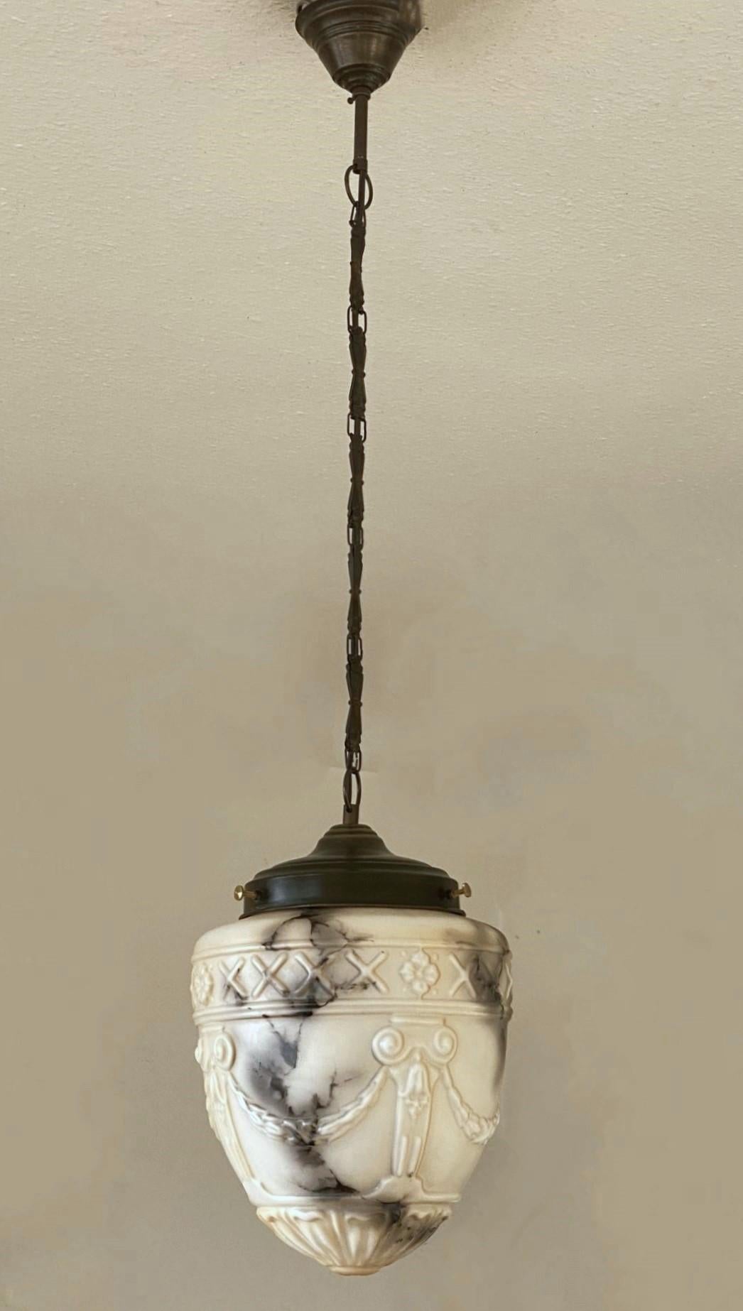 Patinated French Art Deco Alabaster Looking High-Releaf Glass Pendant Lantern, 1920-1930 For Sale