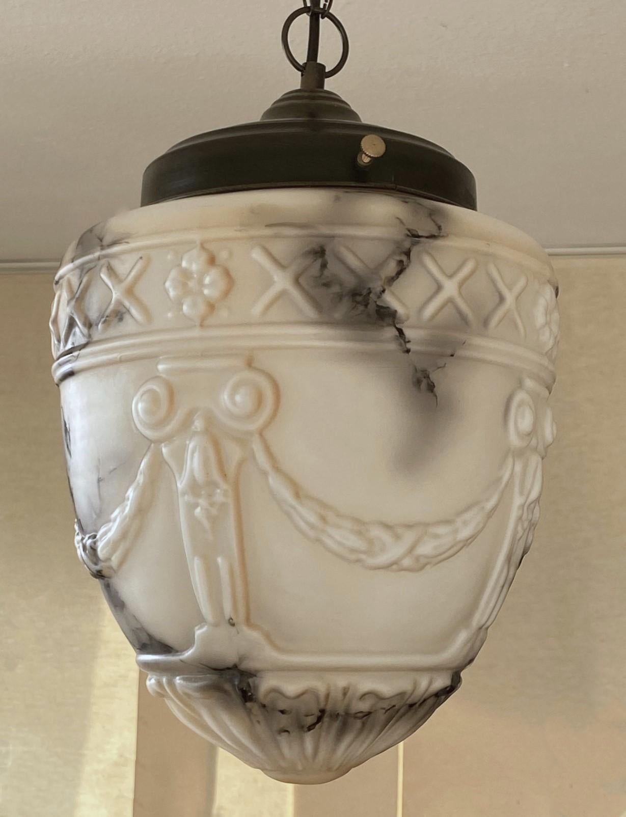 20th Century French Art Deco Alabaster Looking High-Releaf Glass Pendant Lantern, 1920-1930 For Sale