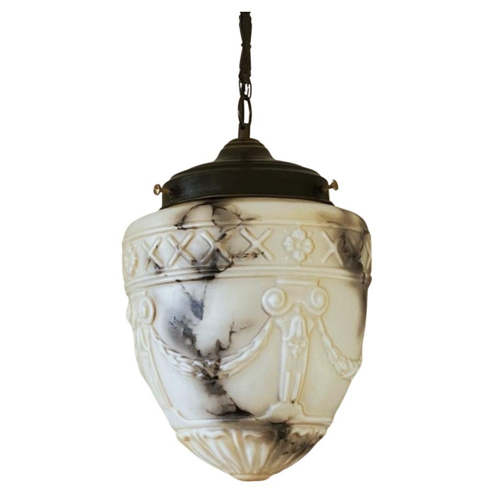 French Art Deco Alabaster Looking High-Releaf Glass Pendant Lantern, 1920-1930 For Sale