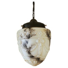 Vintage French Art Deco Alabaster Looking High-Releaf Glass Pendant Lantern, 1920-1930