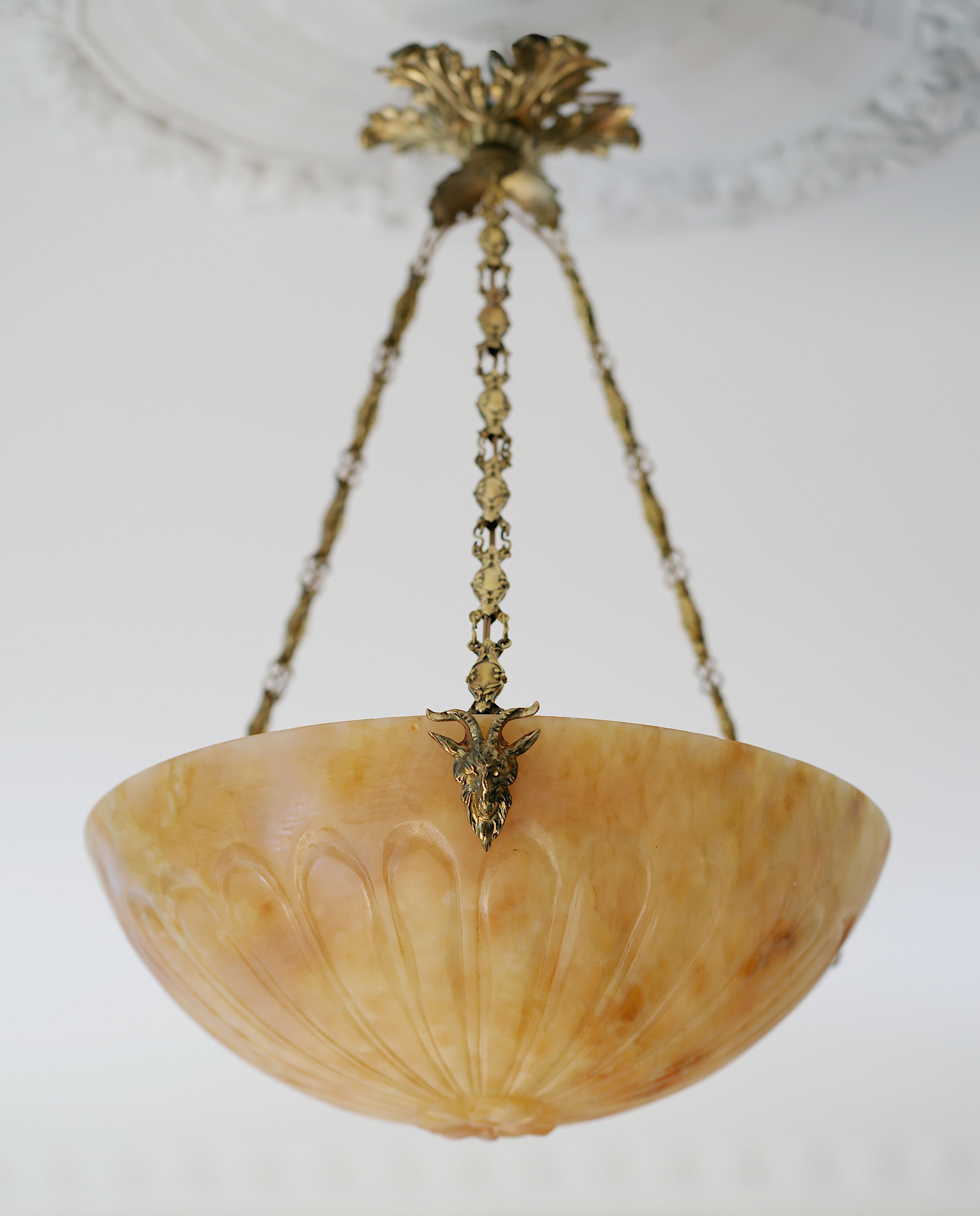 Early 20th Century French Art Deco Alabaster Pendant Chandelier, 1910s For Sale