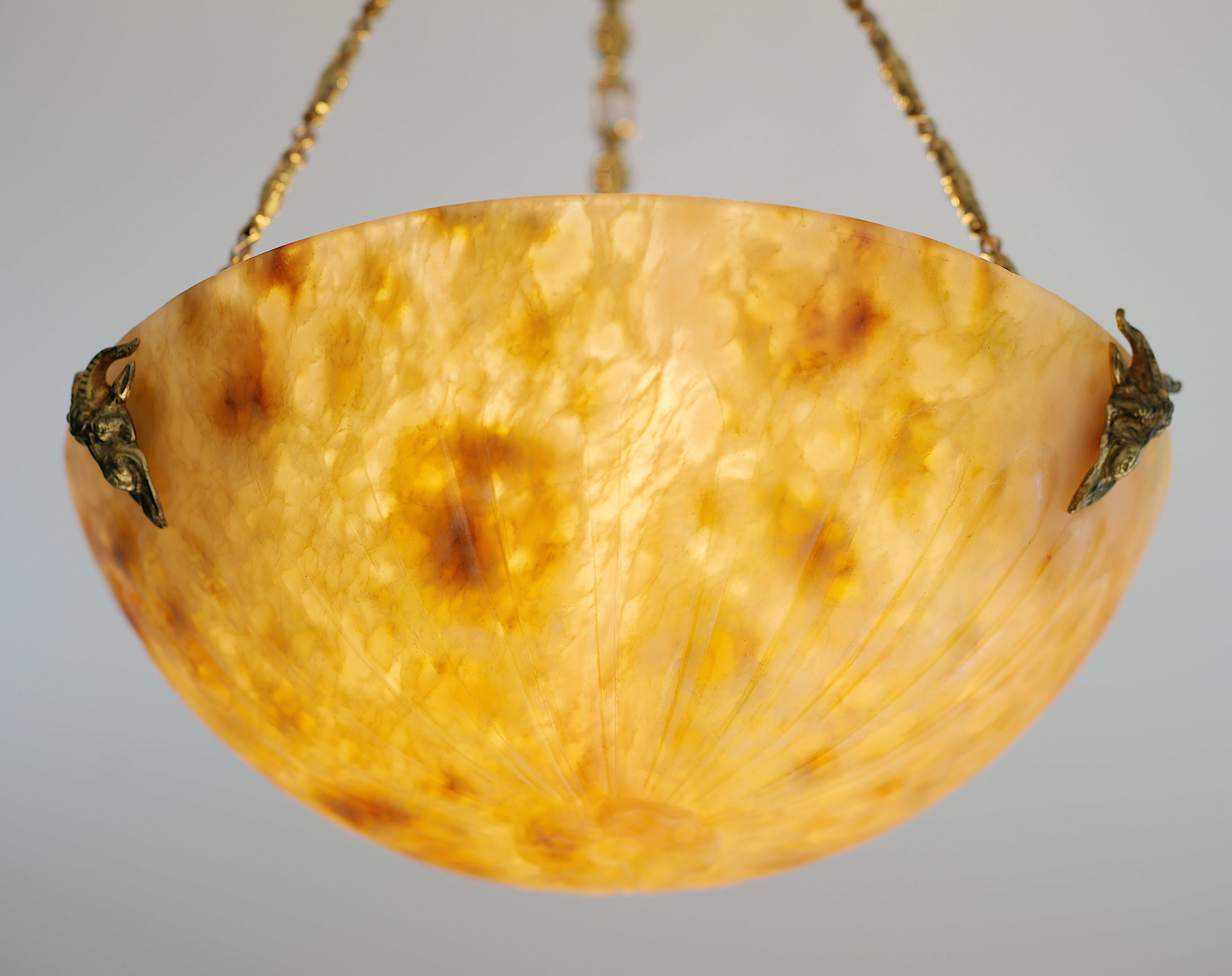 Brass French Art Deco Alabaster Pendant Chandelier, 1920s For Sale