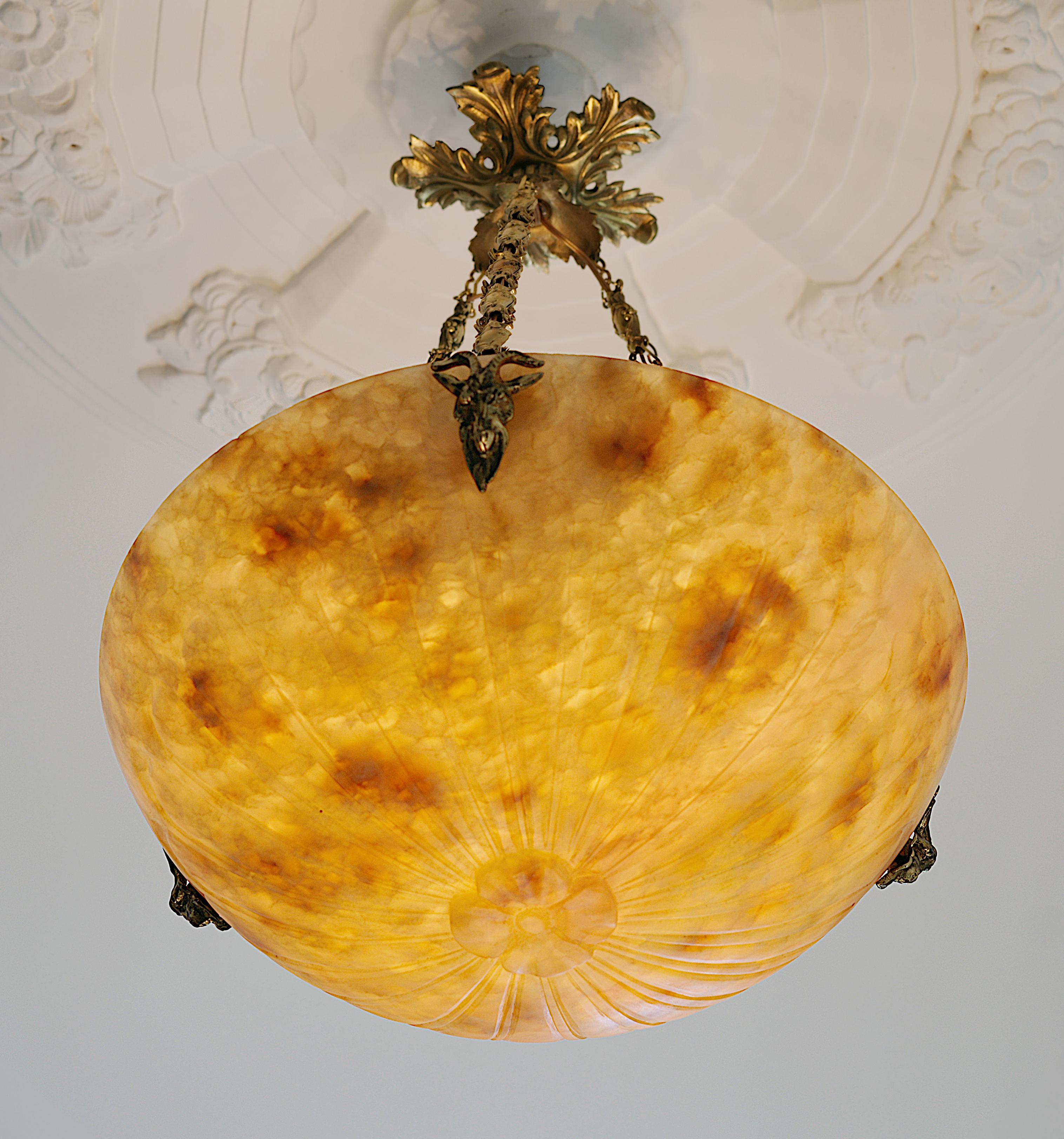 Brass French Art Deco Alabaster Pendant Chandelier, 1910s For Sale