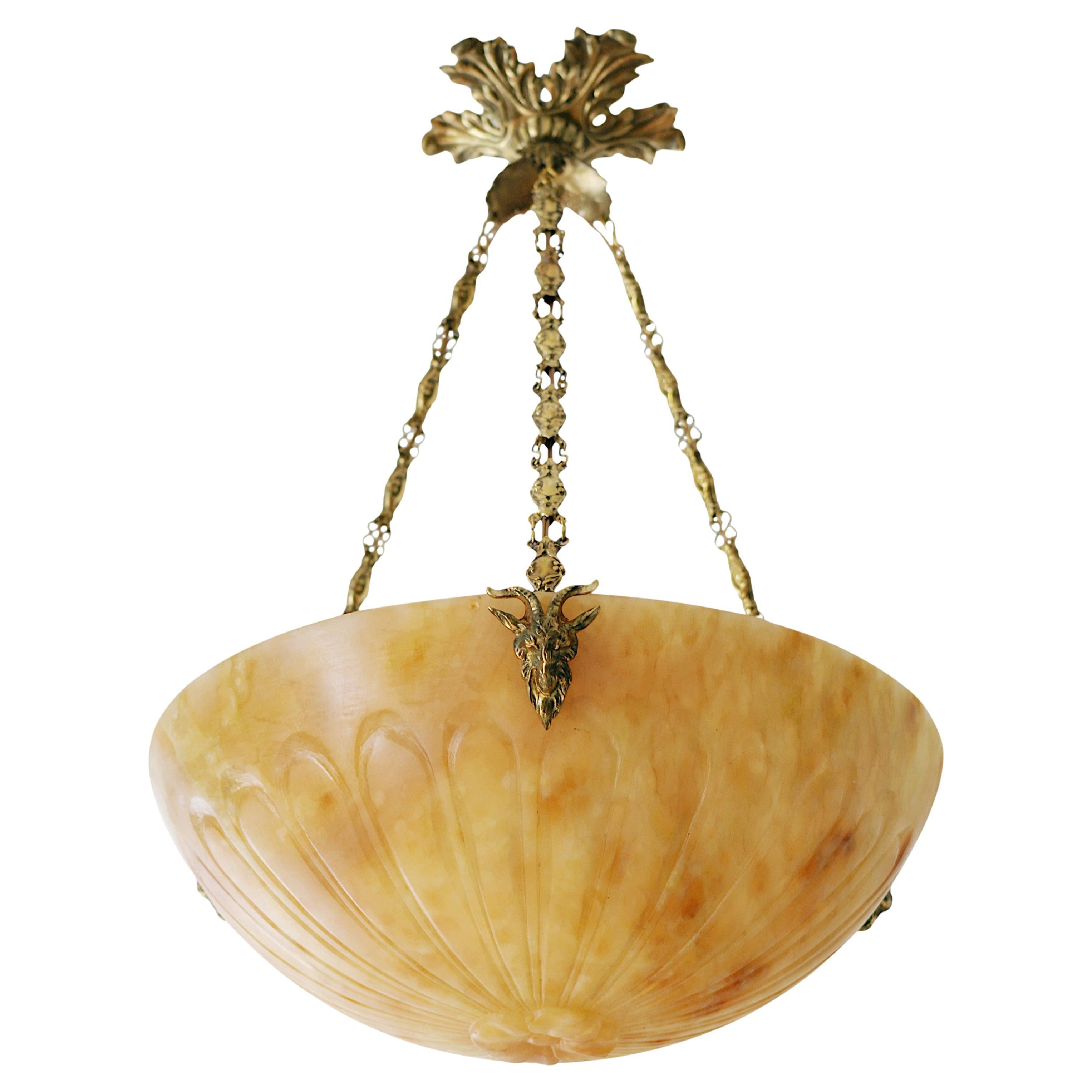 French Art Deco Alabaster Pendant Chandelier, 1910s