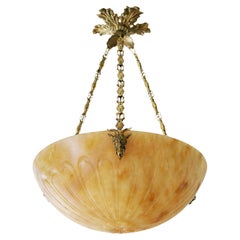 French Art Deco Alabaster Pendant Chandelier, Bronze & Brass, 1910s French Art Deco Alabaster Pendant Chandelier, Bronze & Brass, 1910s