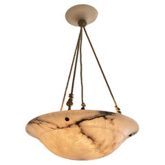 French Art Deco Large White Black Veining Alabaster Chandelier, 1920s