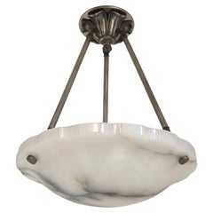 French Art Deco Alabaster pendant light, white w/ charcoal grey veining, 1930