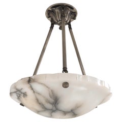 French Art Deco Alabaster pendant light, white w/ charcoal grey veining, 1930